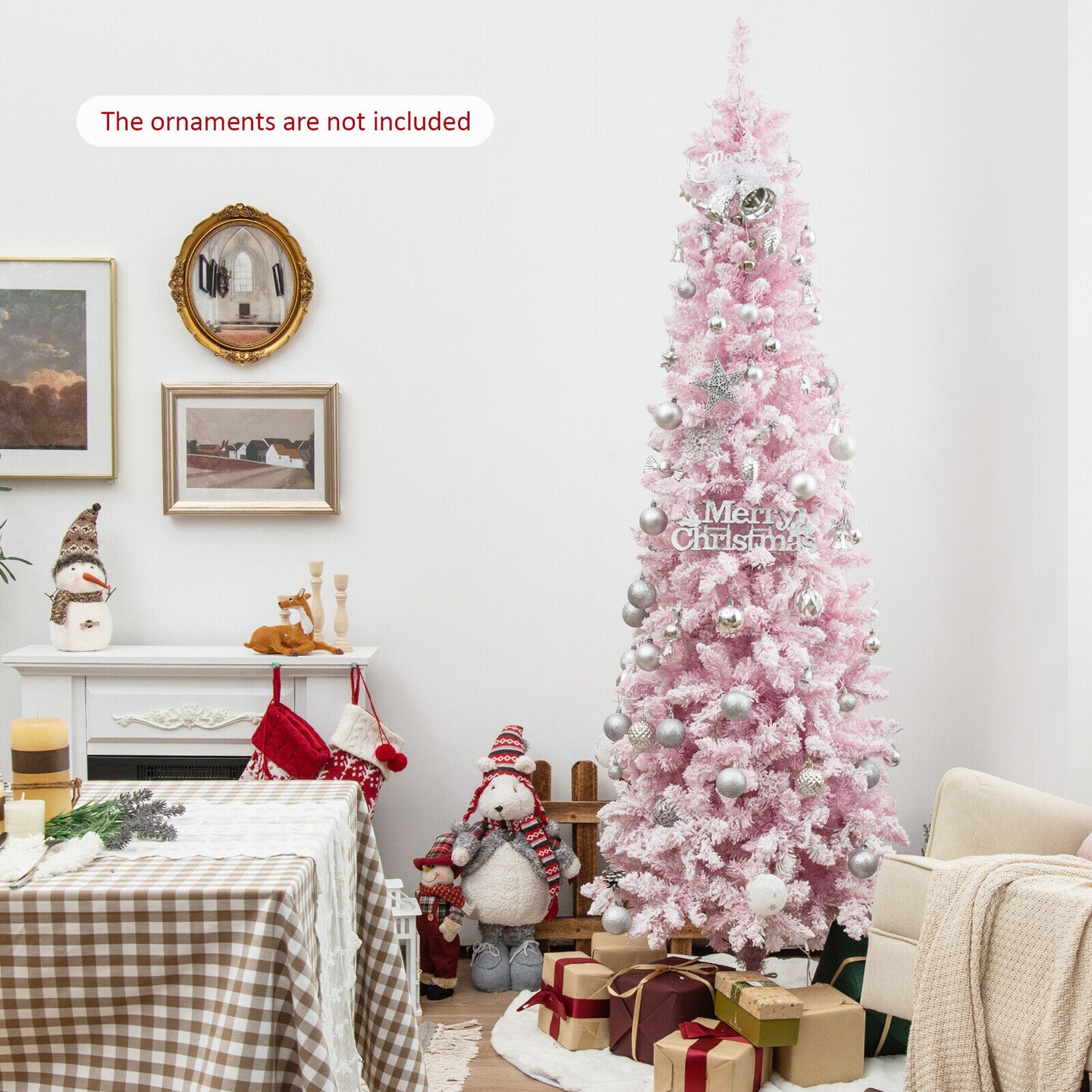 7 Feet Pre-lit Snow Flocked Hinged Pencil Christmas Tree With 300 Lights and 8 Modes