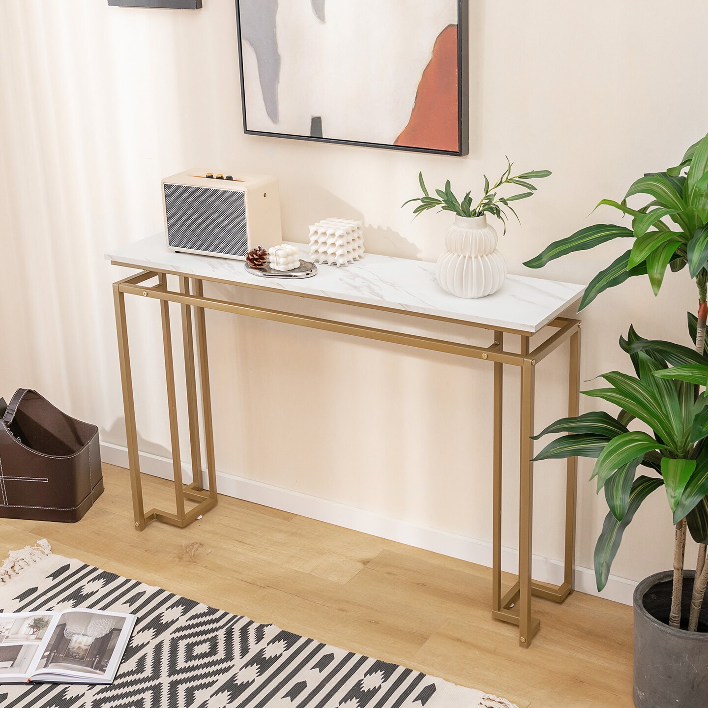 White Gold MDF Metal Marble Console Table 47 Inch with Anti-Tipping Design for Entryway and Living Room