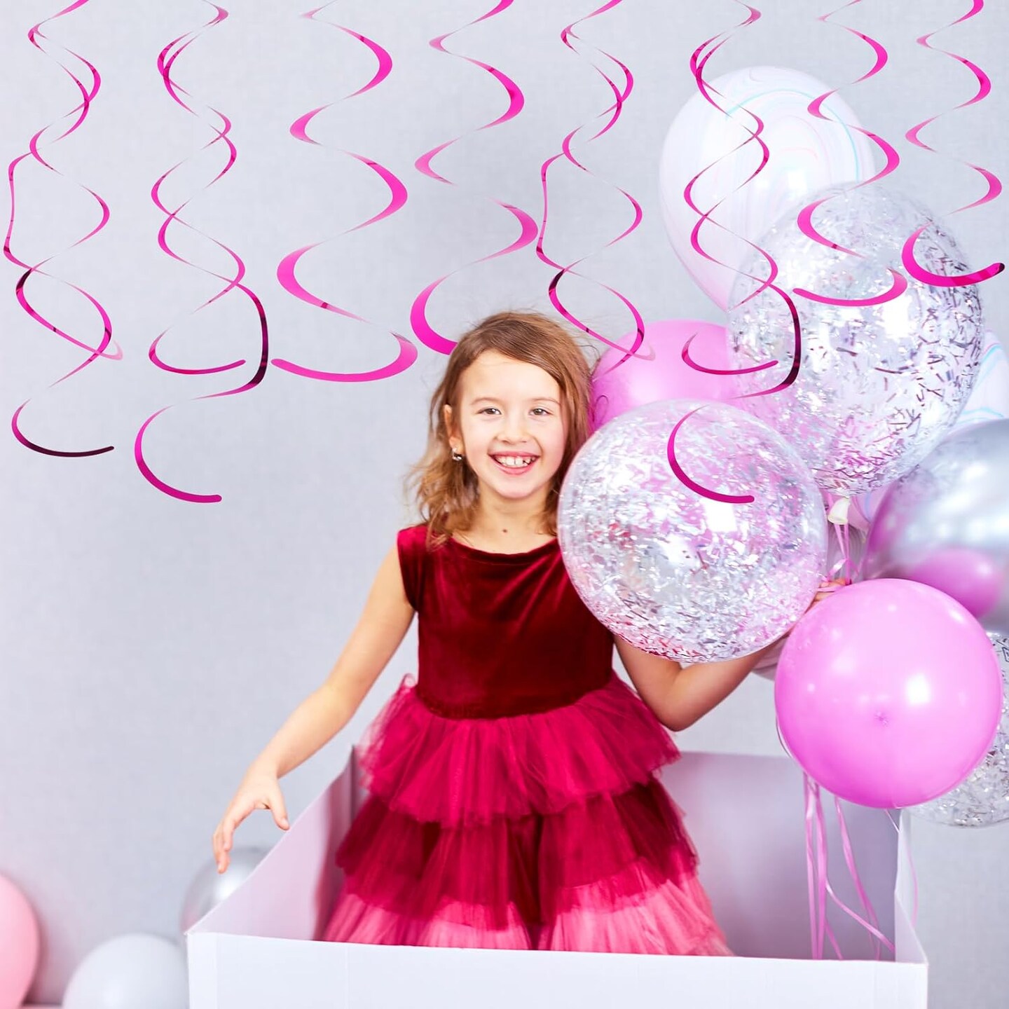 30 PCS Party Swirl Decorations Hot Pink Shinny Foil Hanging Swirl Decorations with Double-Swirls and Single-Swirls Plastic Streamer for Ceiling Plastic Metallic Streamer for Party Decorations