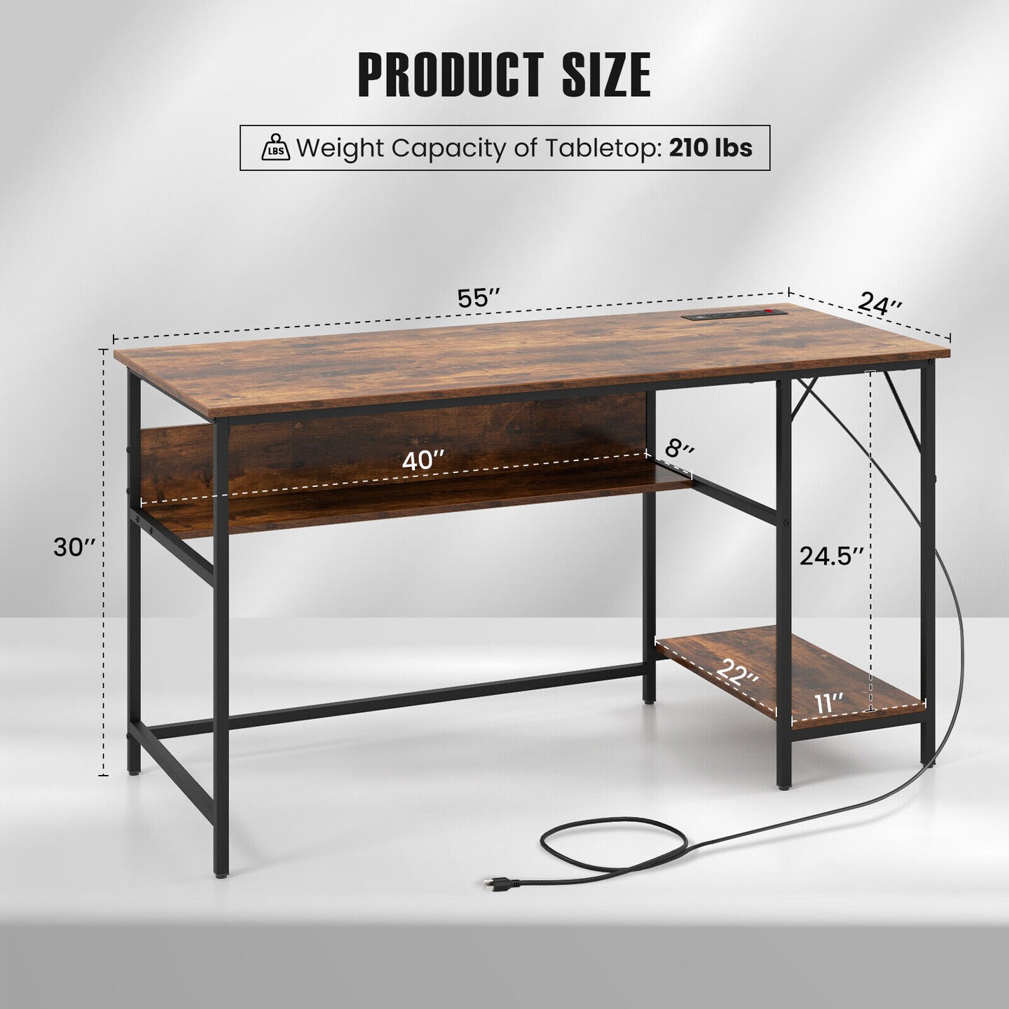 55 Inches Computer Desk With Charging Station-Brown