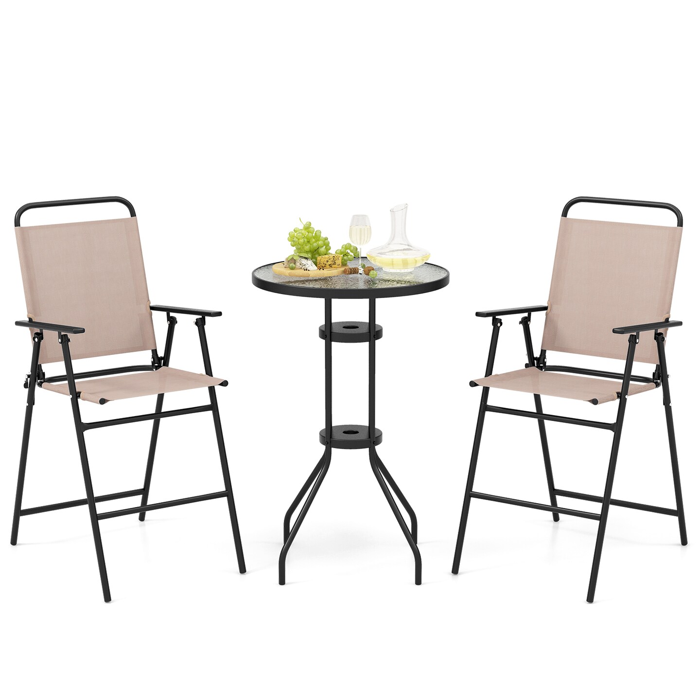 Beige 3-Piece Outdoor Bar Table And Folding Chairs Tempered Glass Metal Fabric