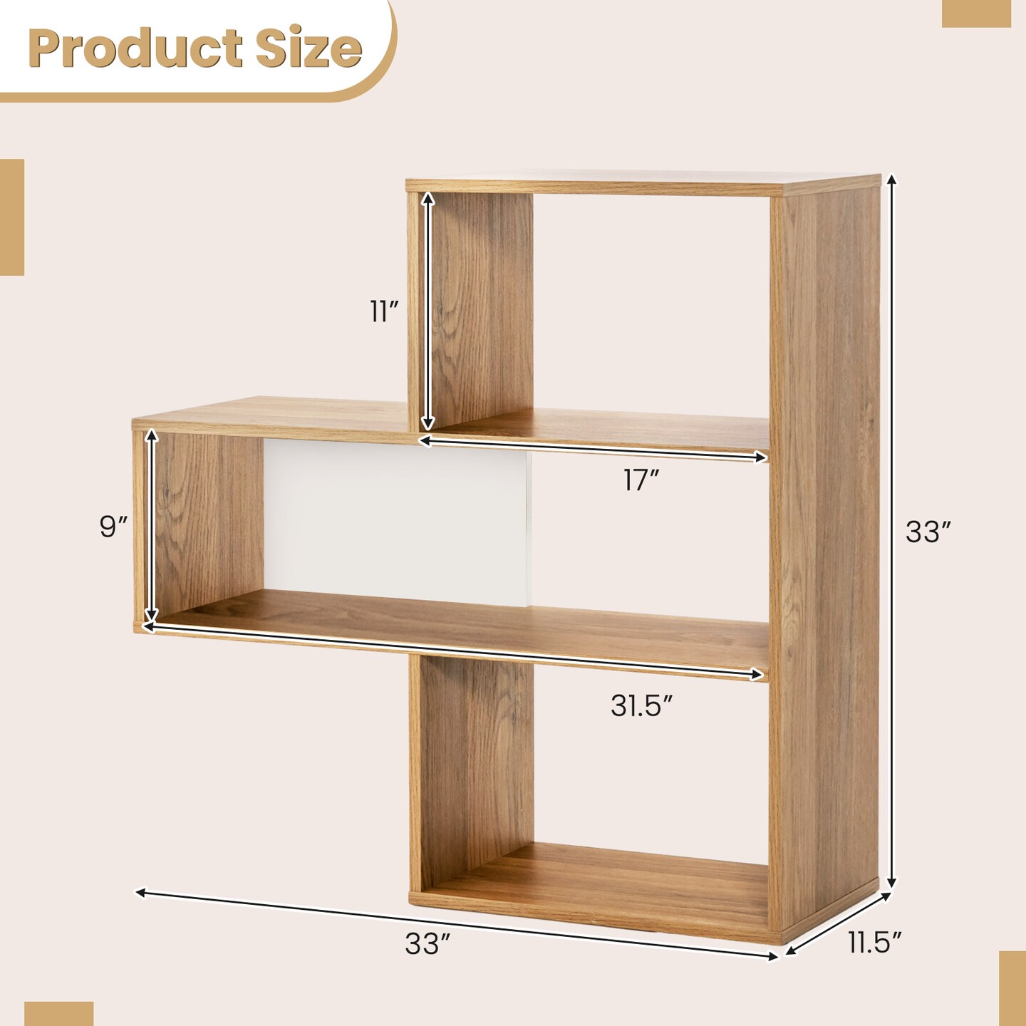 Natural Wood Geometric Shelf 3 Open Cubes Anti-Toppling Storage Organizer