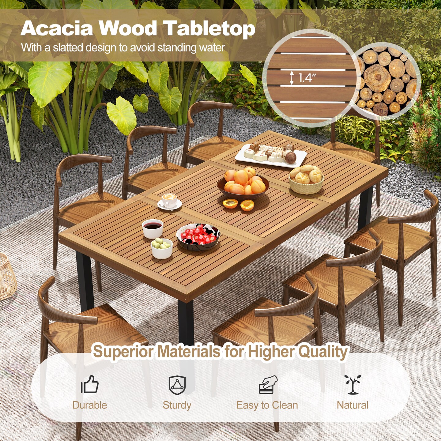 79" Acacia Wood Dining Table 8-person Patio Table With 1.9" Umbrella Hole And Adjustable Foot Pads