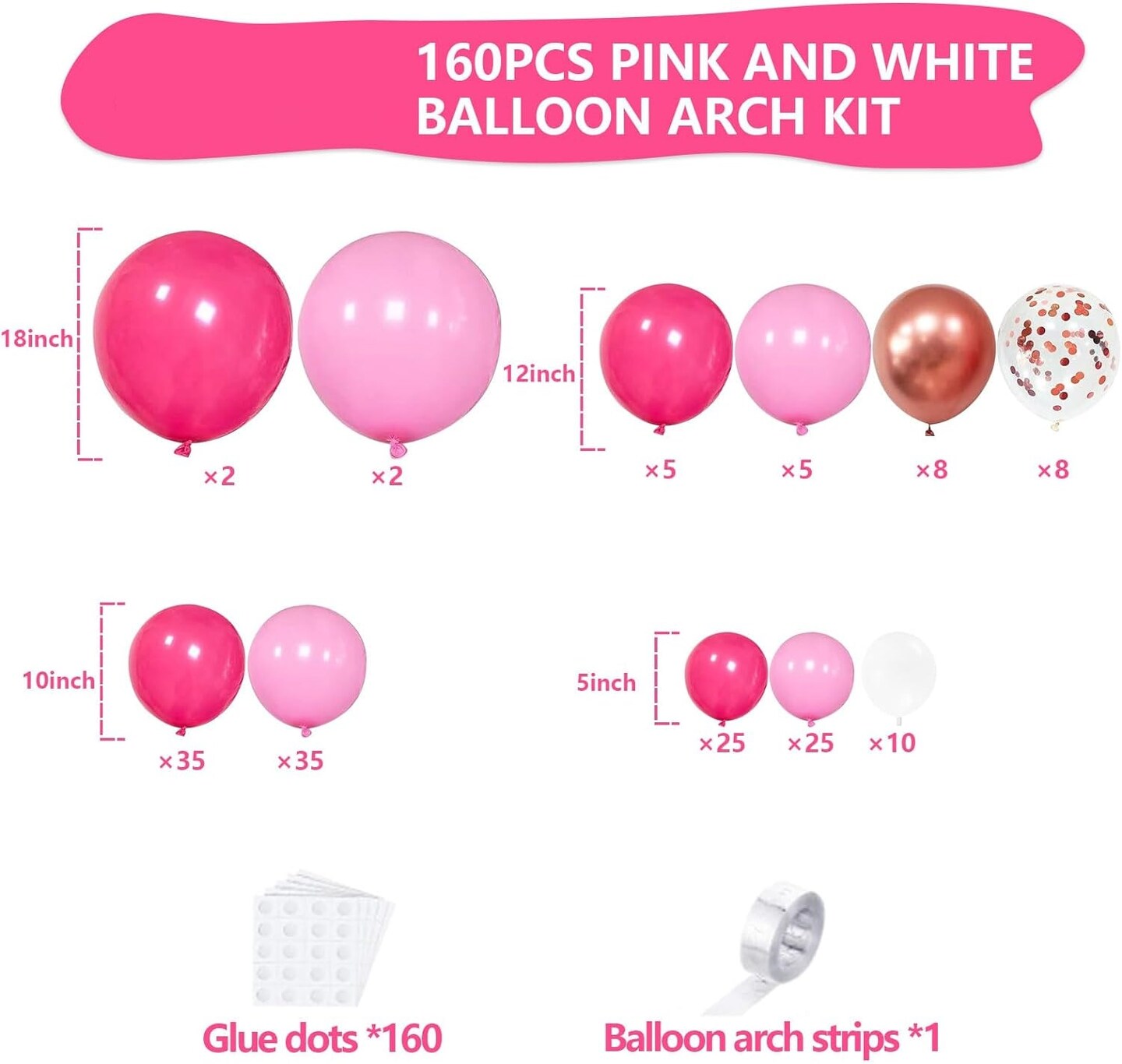 Pink Balloons Arch Kit, 160Pcs Hot Pink Balloon Garland Kit Metallic Rose Gold Confetti Balloons for Birthday, Wedding, Princess Theme, Engagements, Baby Shower, Anniversary Party Decoration