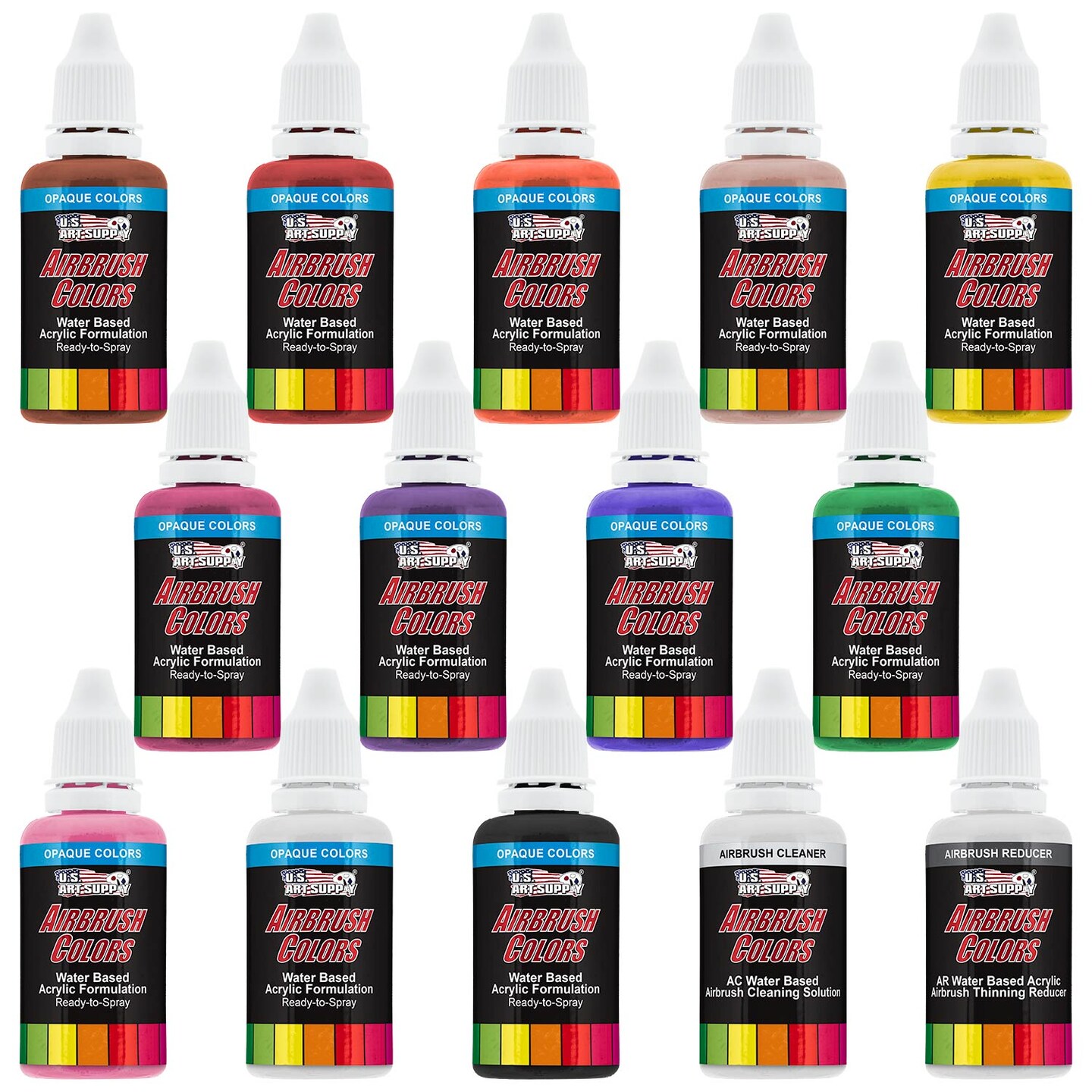 12 Color Primary Opaque Colors Acrylic Airbrush Paint Set with Reducer &#x26; Cleaner, 1 oz. Bottles