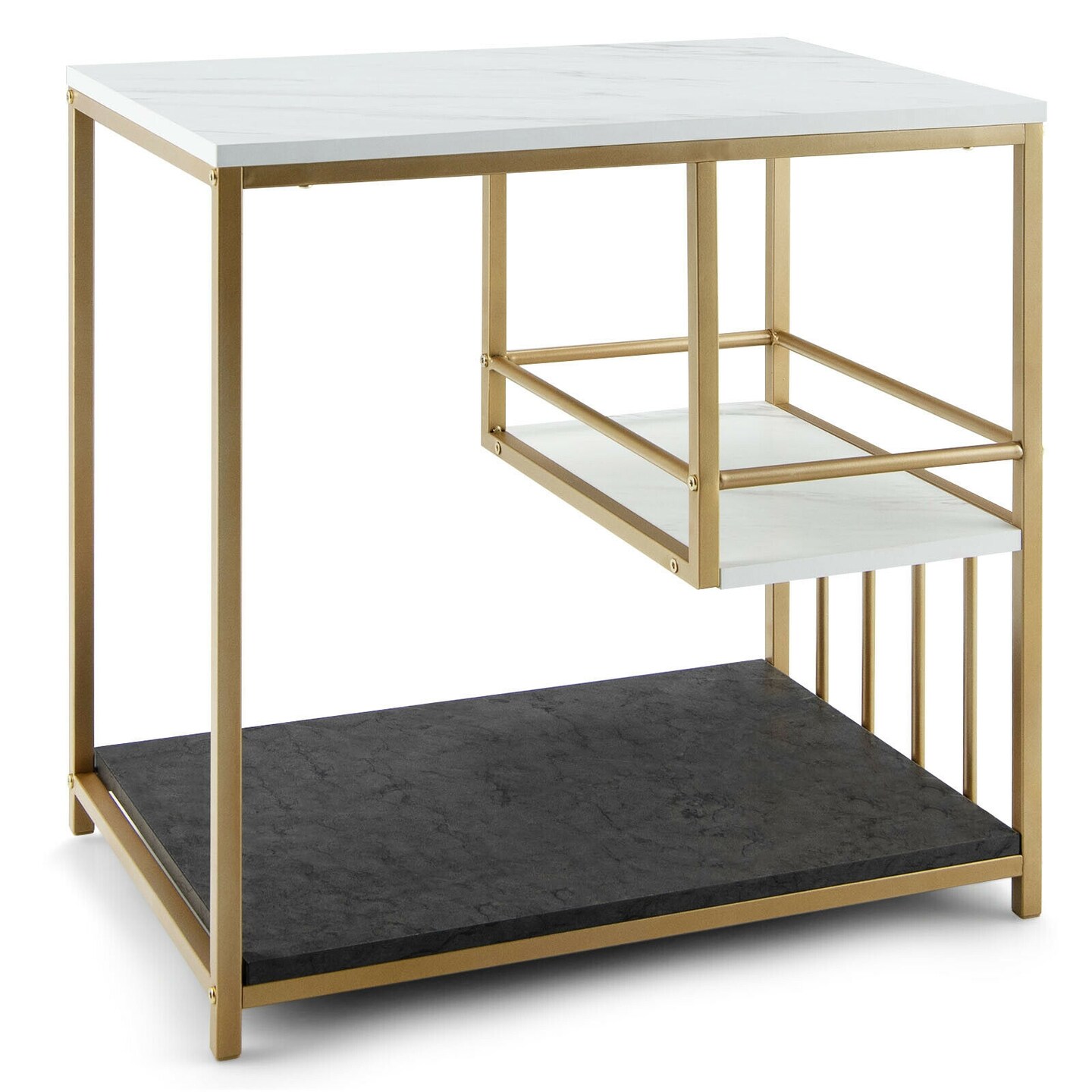 3 Tier L Shaped Side Table with MDF Shelves and Steel Frame Marble and Golden