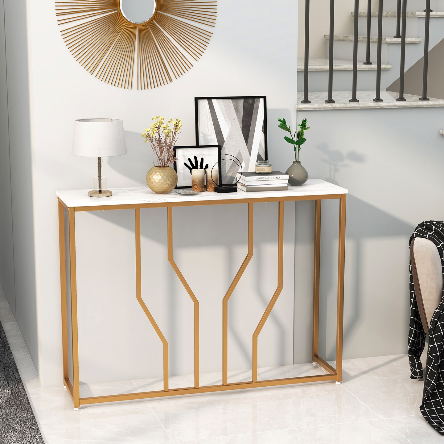 44 Inch Modern White Entryway Table With Faux Marble Tabletop-white