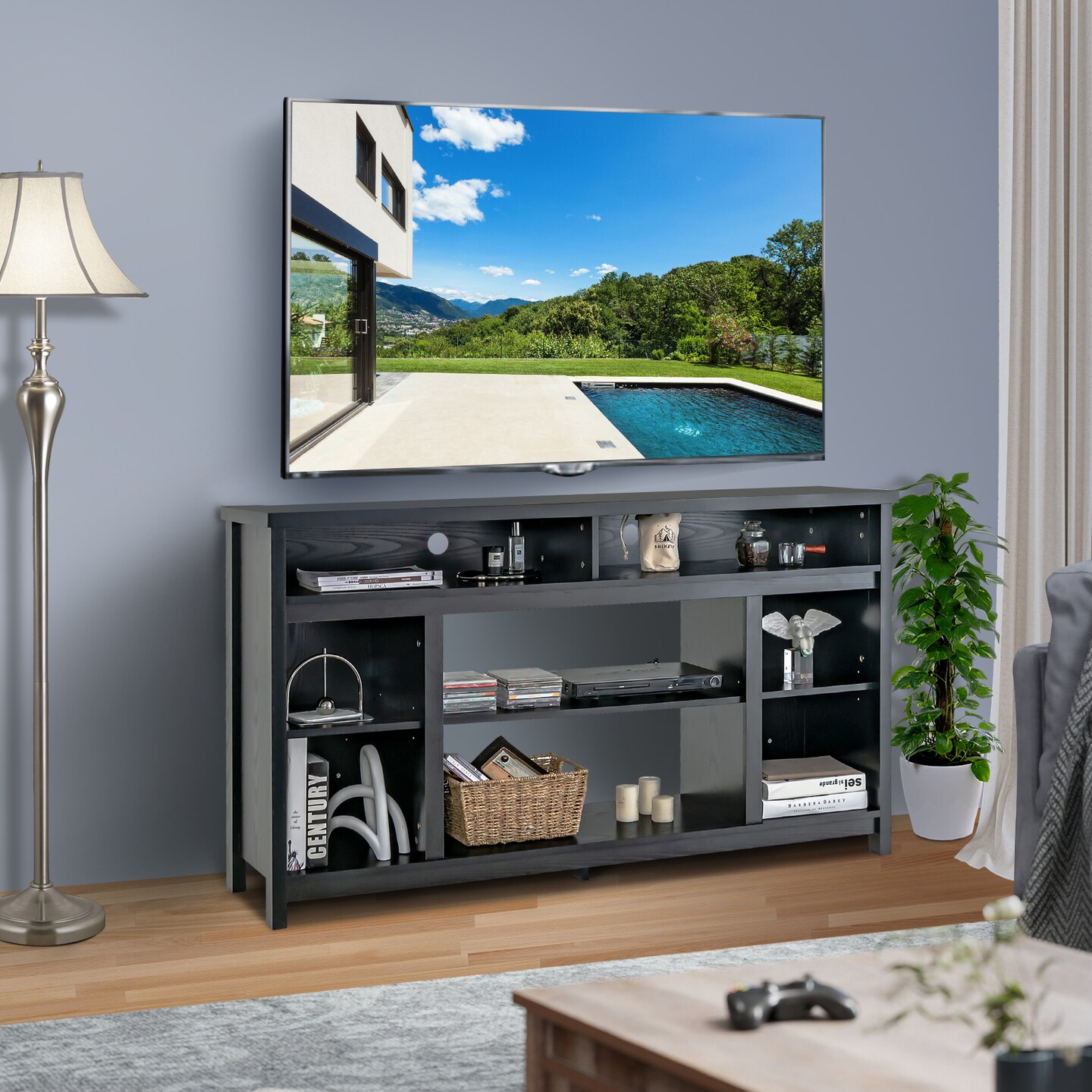 58 Inch Tv Stand Entertainment Console Center With Adjustable Open Shelves-black