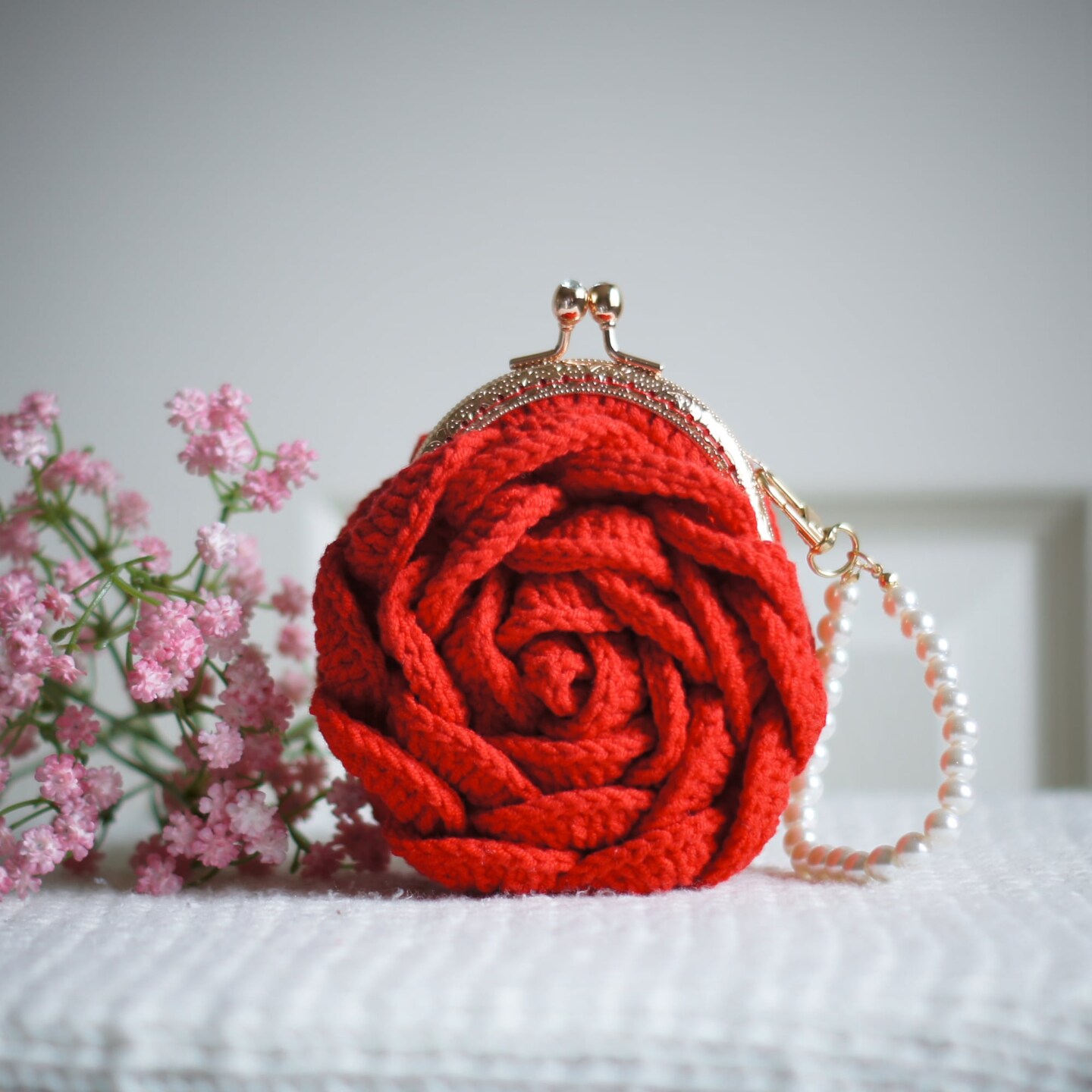 Small Red Rose Purse with Kiss Closure and Pearl Strap, Great for