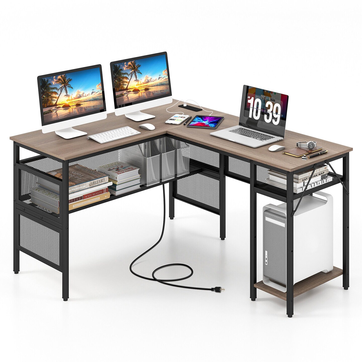 L-shaped Computer Desk With Charging Station And Adjustable Shelf-Grey