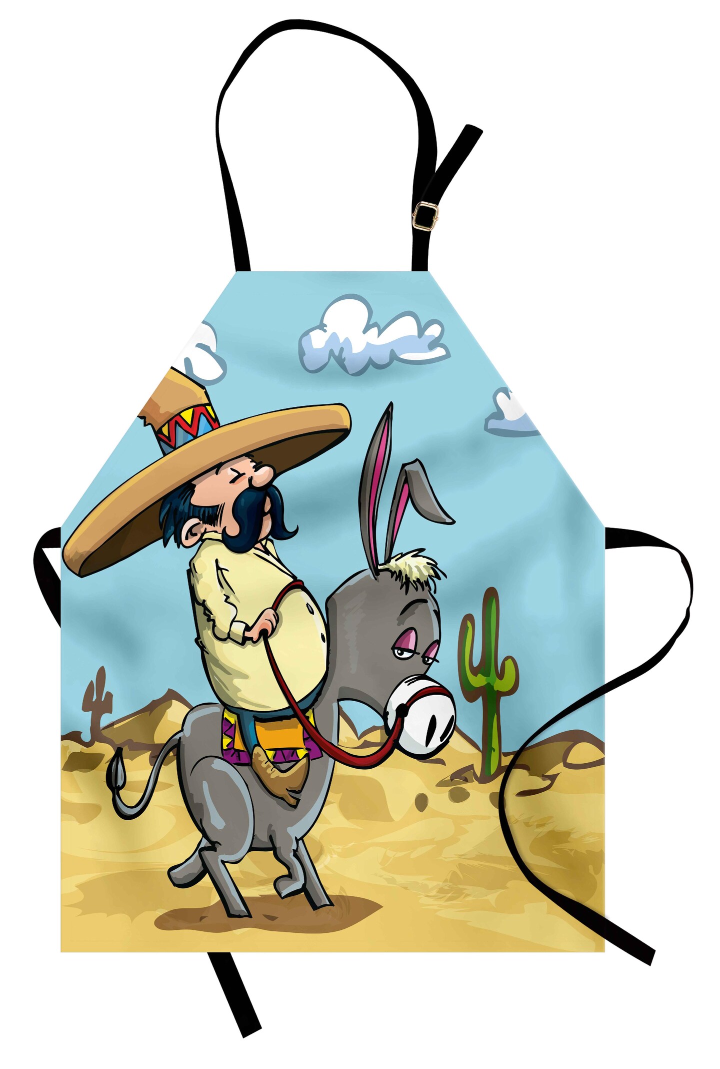 Ambesonne Cartoon Apron, Mexican Man Wearing Sombrero Hat Riding a Donkey in the Desert with Cactus Plants, Unisex Kitchen Bib with Adjustable Neck for Cooking Gardening, Adult Size, Multicolor