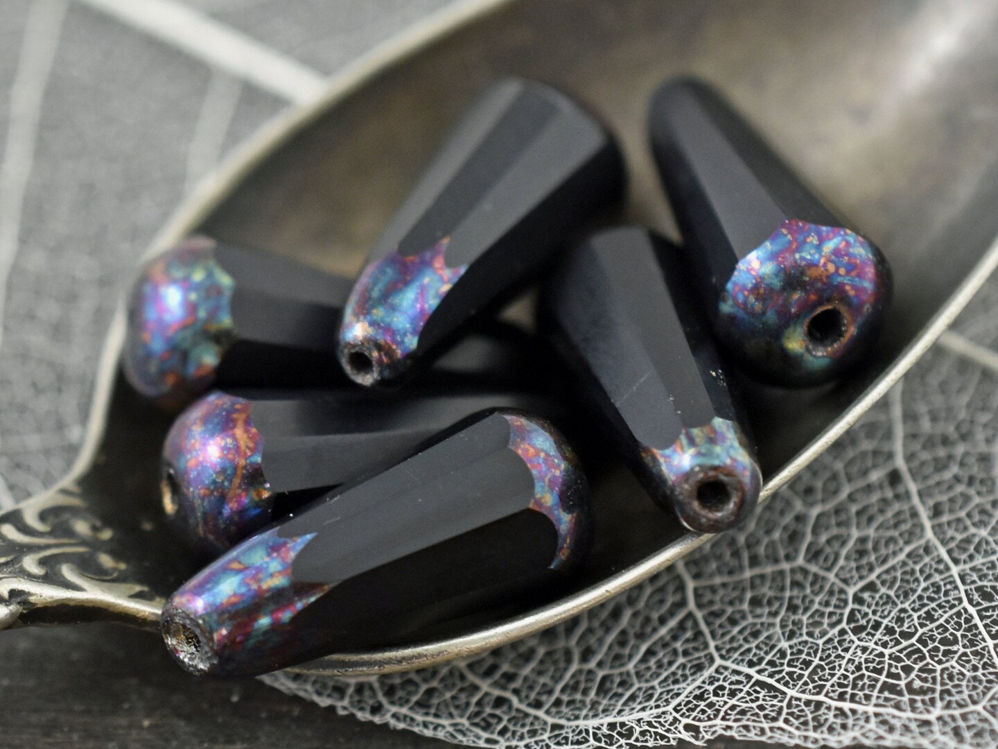 *6* 8x20mm Jet Bronzed AB Picasso Faceted Drop Beads