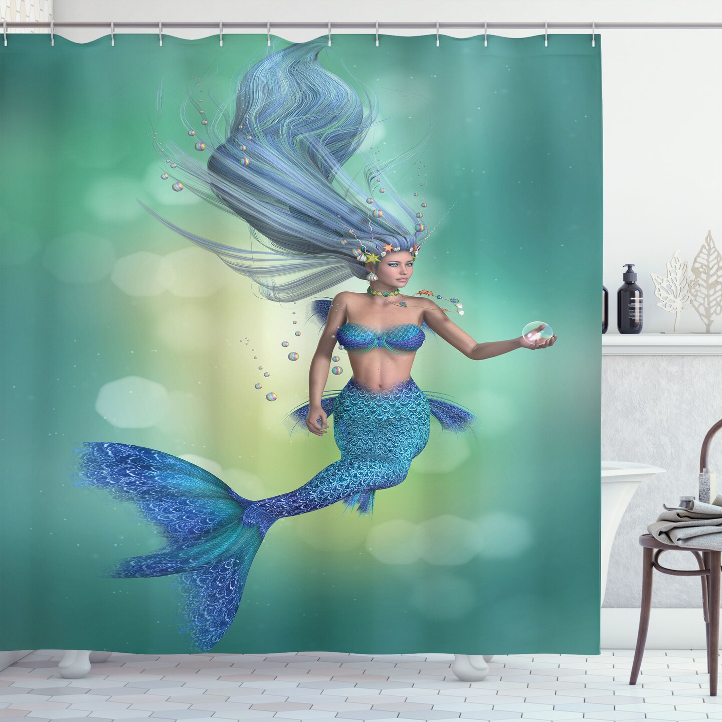 Ambesonne Underwater Shower Curtain, Mermaid Upper Body of a Woman and The  Tail of Fish for Swimming Marine Life, Cloth Fabric Bathroom Decor Set with  Hooks, 69 W x 84 L, Teal