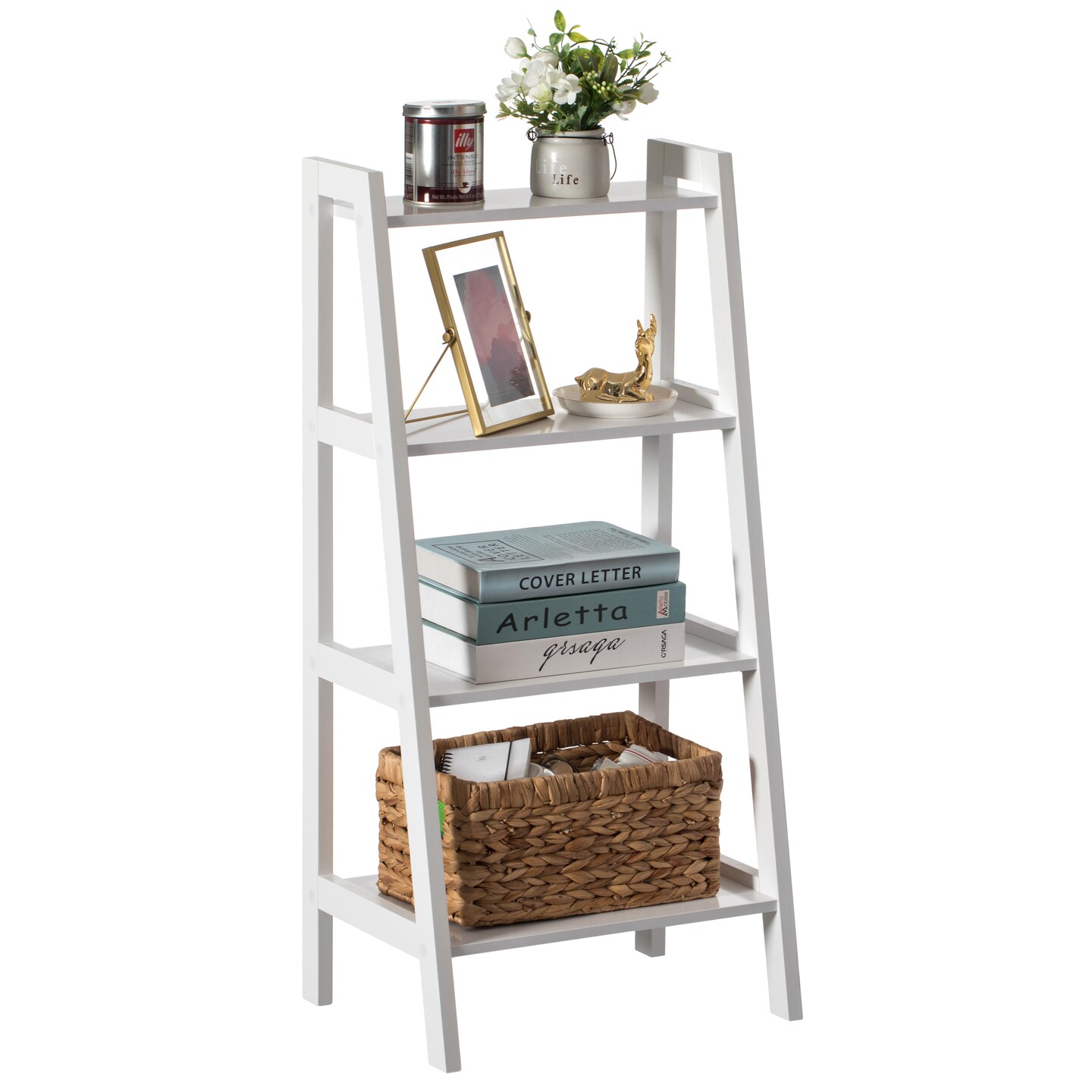 Basicwise 4 Tier Freestanding Ladder Shelf Open Bookcase and Display Rack for Books Plants & Decorative Accessories Stylish Storage & Organization Solution for Living Room Bedroom or Office Décor