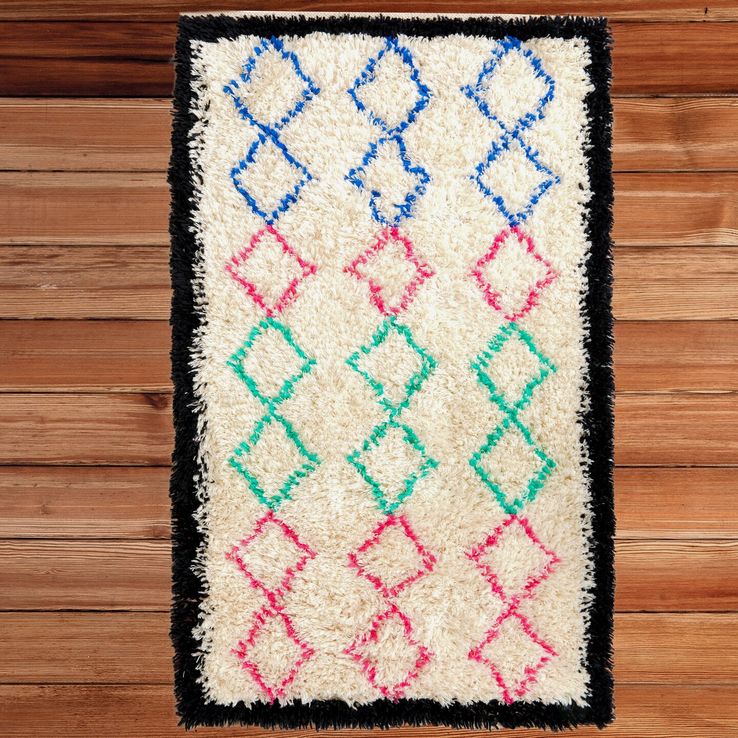 Handwoven Multicolored Geometric Trellis Plush Wool Shag Area Rug, 3&#x27; x 5&#x27;