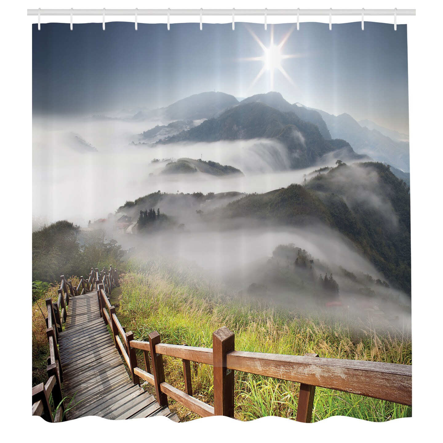 Ambesonne Misty Shower Curtain, Nature Photo of Foggy Mountains Grassy Land and Long Wooden Pier Stairs at Daytime, Cloth Fabric Bathroom Decor Set with Hooks, 69" W x 70" L, Slate Blue