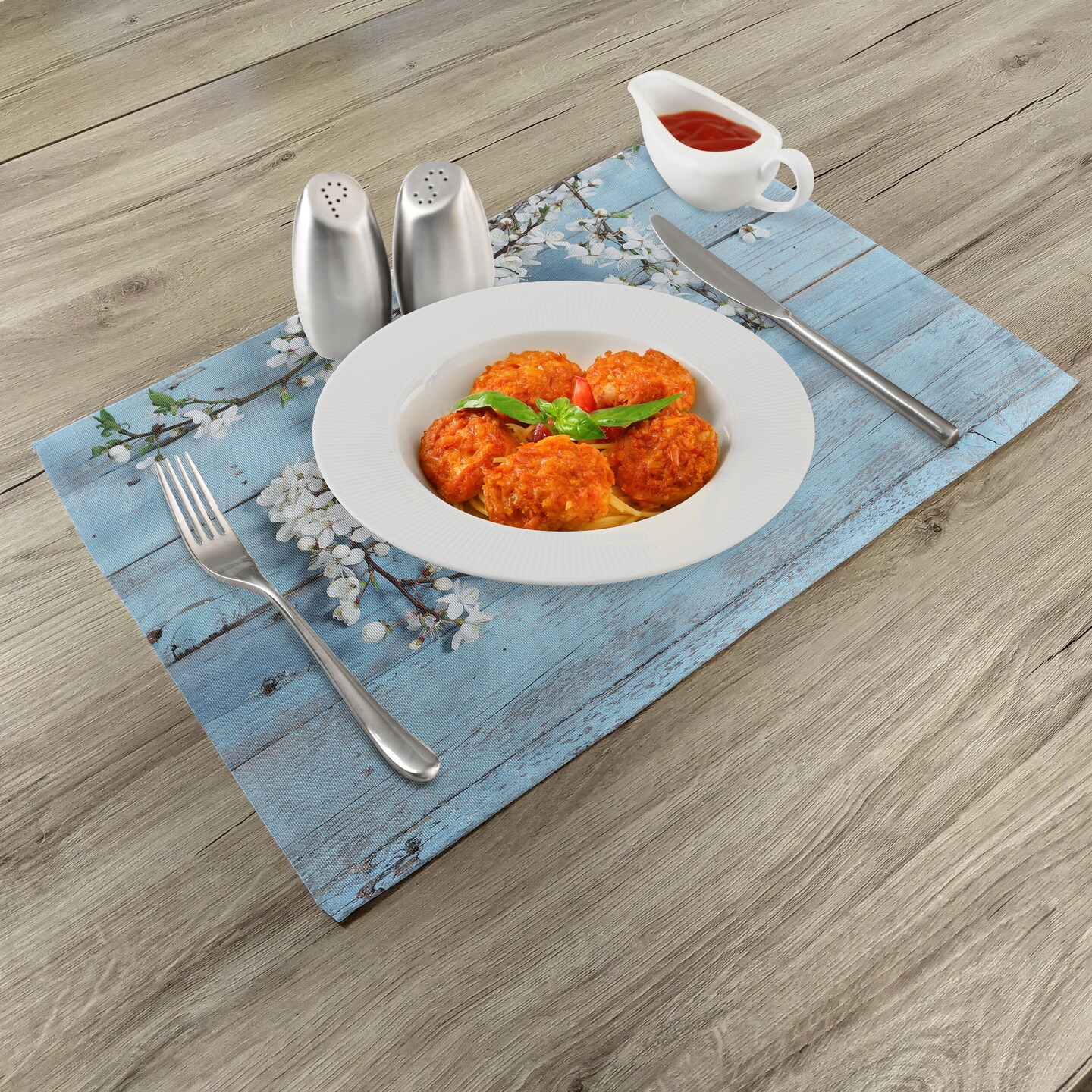 Ambesonne Rustic Place Mats Set of 4, Branch Blooming Warm Season Flowers on Wooden Fragility of Spring, Washable Fabric Placemats for Dining Table, Standard Size, White Pale Blue