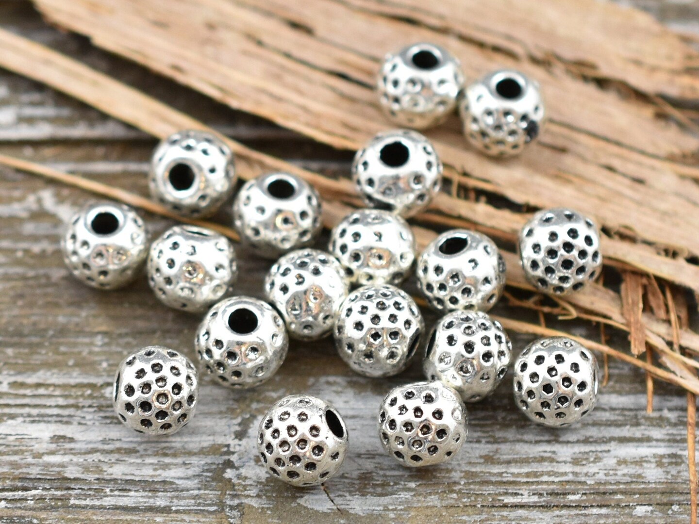 *50* 6mm Antique Silver Dimpled Round Beads