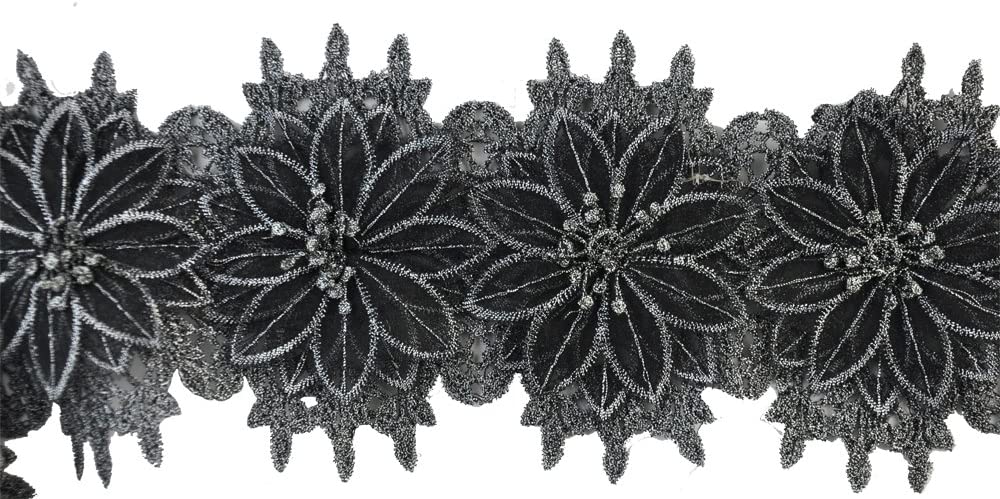 Belagio Venice Lace, 5" Wide, Dimensional Flower Design, 15-Yard Bolt, Metal Gray