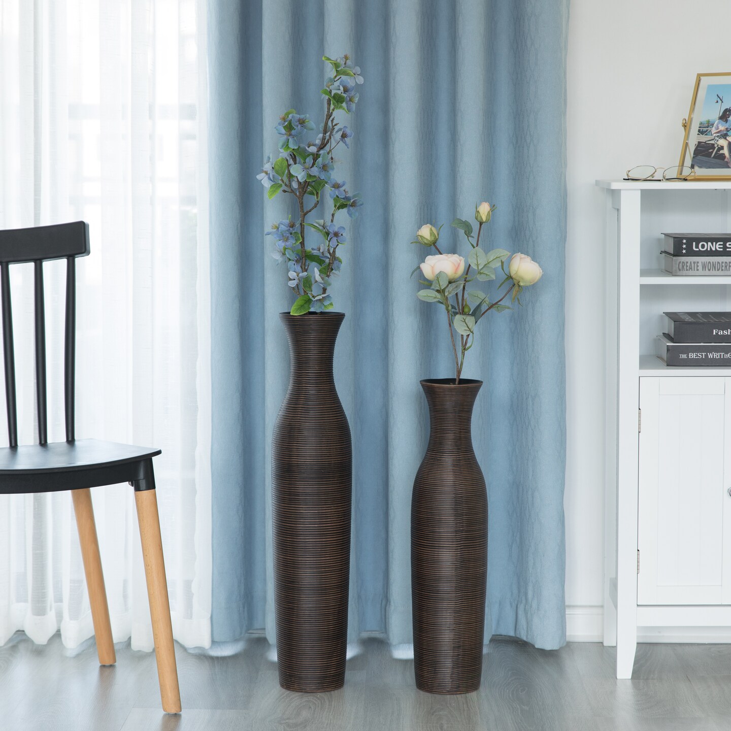 Tall Decorative Modern Ribbed Trumpet Design Brown Floor Vase - Contemporary Home Decor, Stylish Accent Piece for Living Room, Dining Room, or Entryway - Statement Vase for Flowers and Greenery