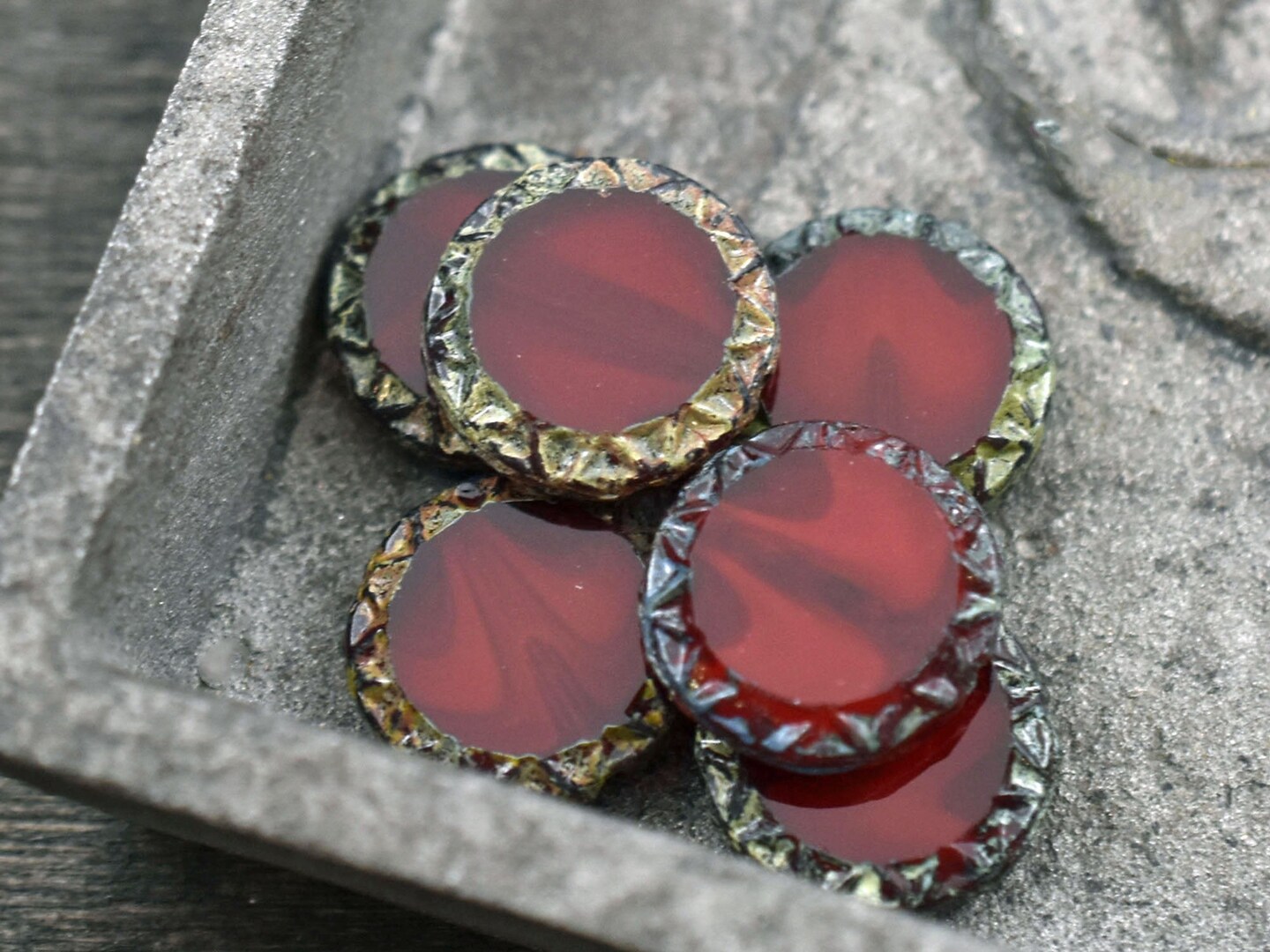 *6* 12mm Red Opaline Picasso Mayan Sun Coin Beads
