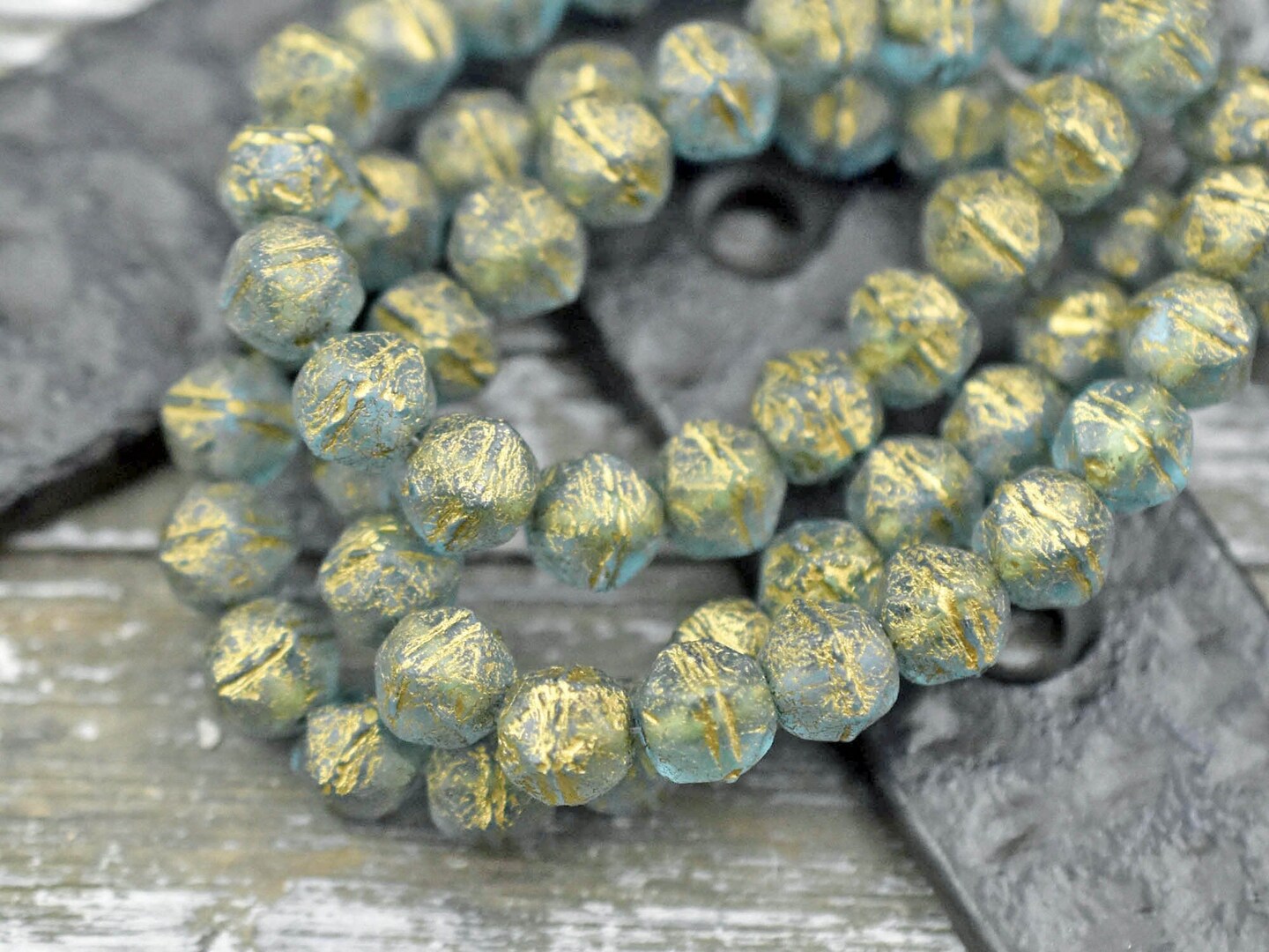 *20* 8mm Gold Washed Etched Blue Aqua Antique Cut Round Beads
