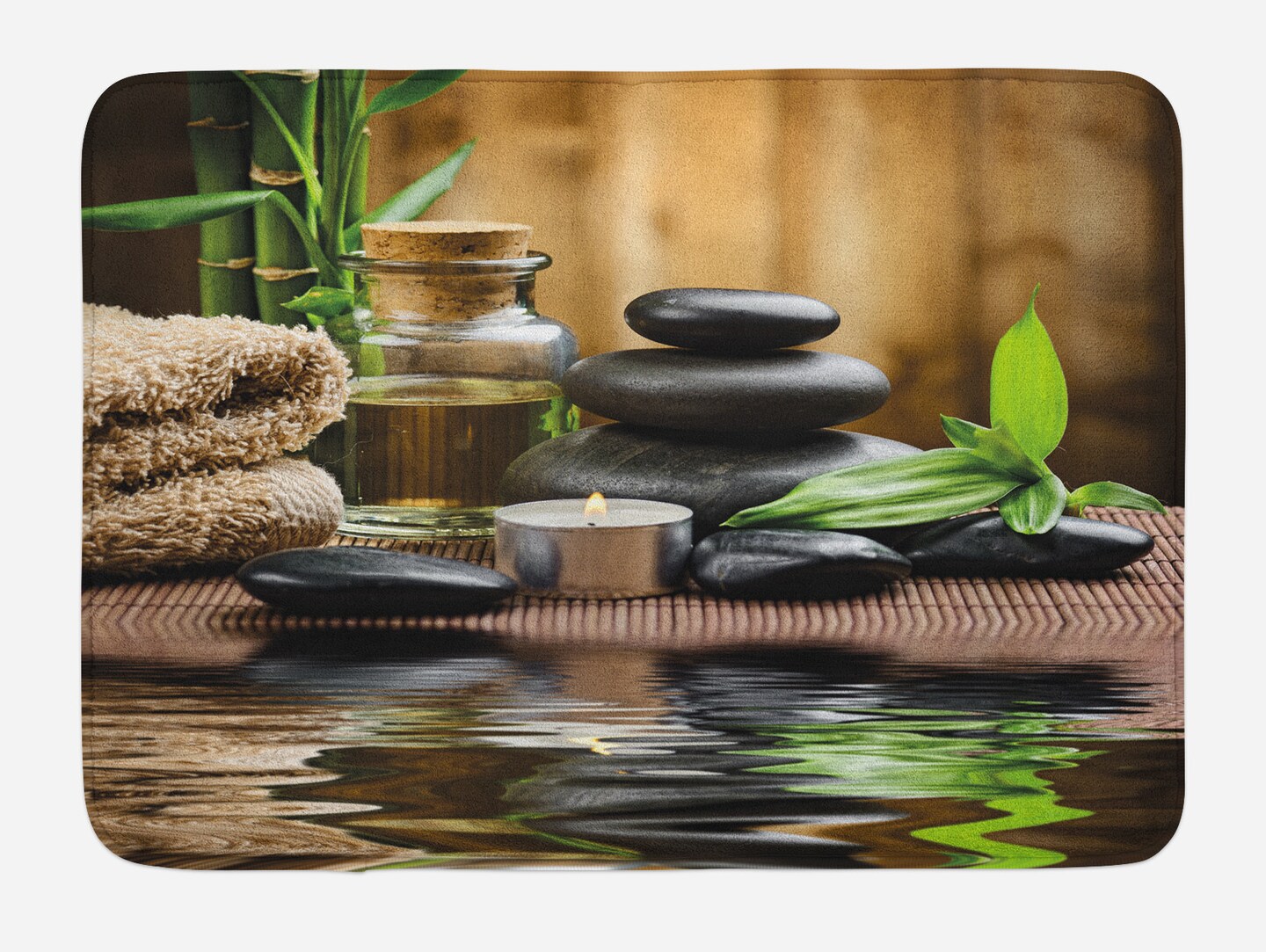 Ambesonne Spa Bath Mat, Massage Stone Triplets Herbal Oil and Scent Candles Print, Plush Bathroom Decor Mat with Non Slip Backing, 29.5&#x22; X 17.5&#x22;, Black Brown