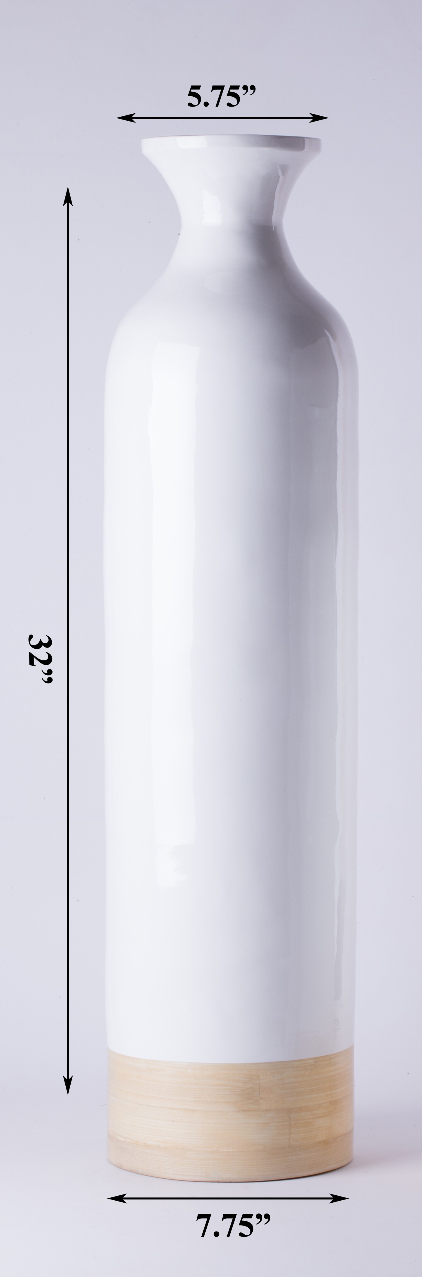 Elegant Black or White Cylinder Shaped Tall Spun Bamboo Floor Vases, Embellished with a Glossy Lacquer, and Enhanced with Natural Bamboo Finish - Stylish Home Decor, Heights of 31 and 23.5 Inches
