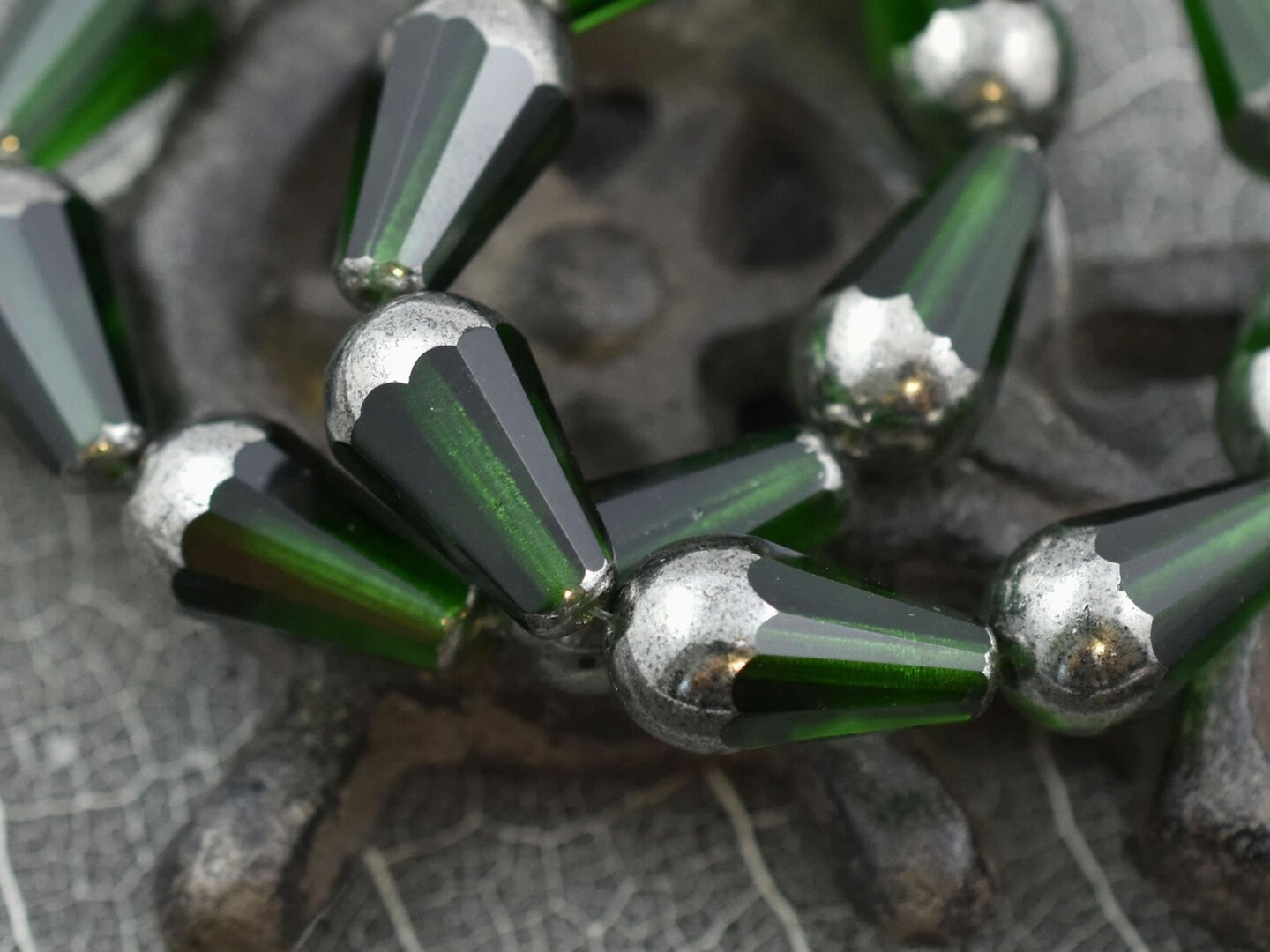 *4* 8x15mm Silver Tipped Emerald Green Faceted Drop Beads