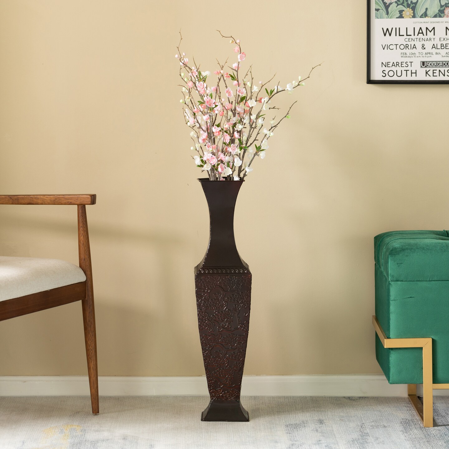 26 Dark Brown Accent Metal Floor Vase Centerpiece Home Decor for Dried Flower Branches and Artificial Floral Arrangements | Ideal Home and Living Room Decoration