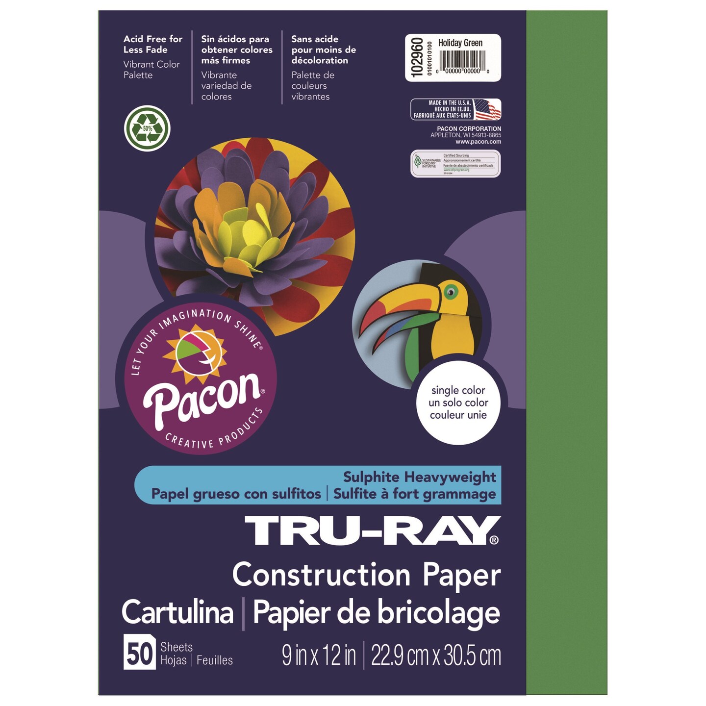 Pacon 102960 Tru-Ray Construction Paper, 76 Lbs, 9 X 12, Holiday Green, 50 Sheets/Pack