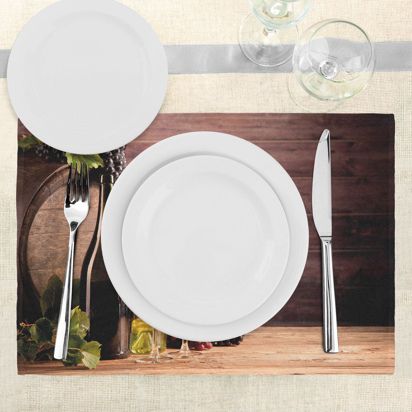 Ambesonne Wine Place Mats Set of 4, Still Life of Wine with Wooden Keg Rustic Concept Tasting Viticulture, Washable Fabric Placemats for Dining Table, Standard Size, Brown Green Pale Brown
