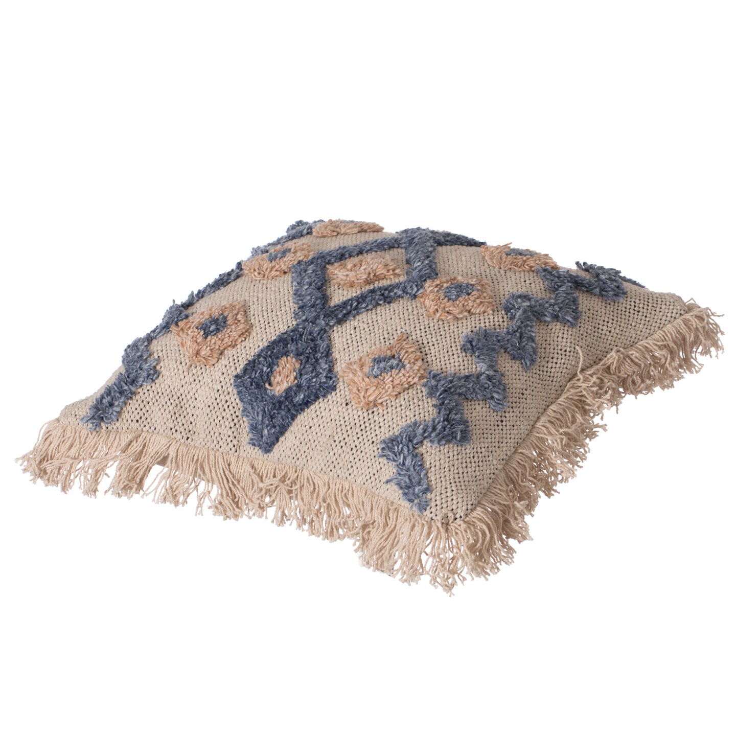 16" Handwoven Cotton & Silk Throw Fringed Pillow Cover Embossed Zig Zag & Crossed Lines Design