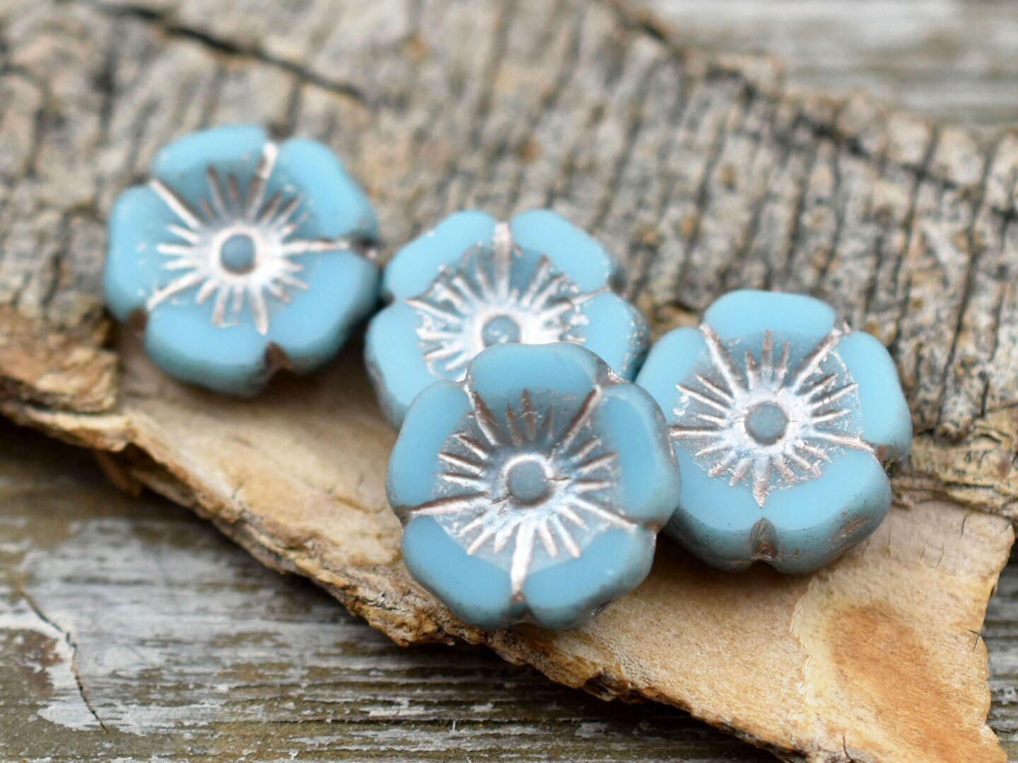 *12* 12mm Metallic Beige Washed Sky Blue Hawaiian Flower Beads