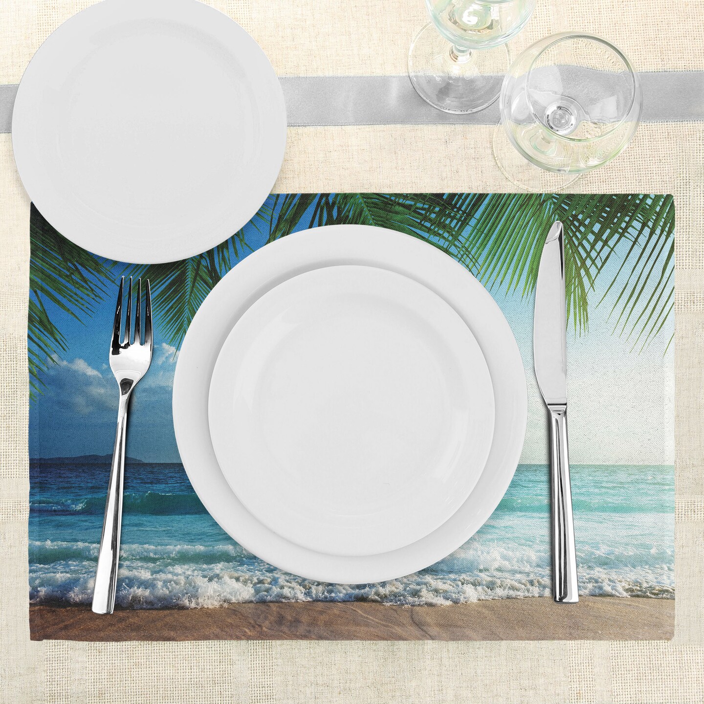 Ambesonne Ocean Place Mats Set of 4, Palms Tropical Island Beach Maldives Photography Home Postcard Traveler Explorer, Washable Fabric Placemats for Dining Table, Standard Size, Green and Blue