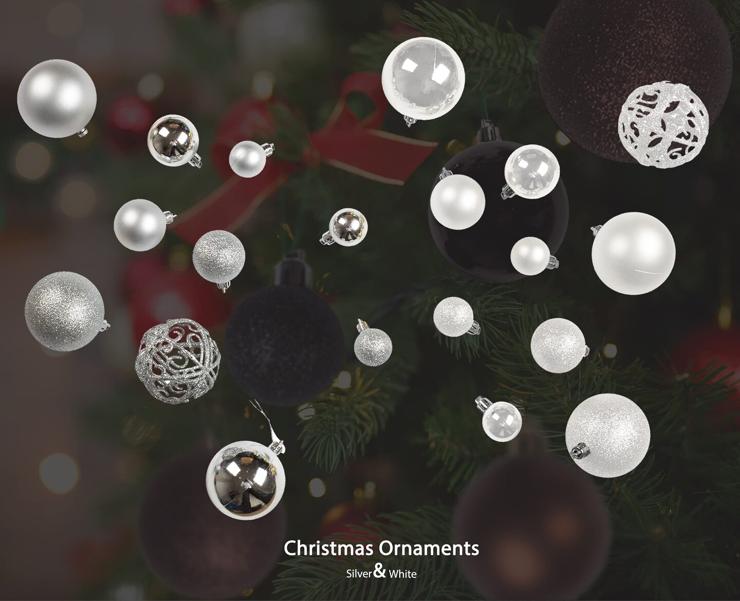 R N&#x27; D Toys 100 Silver and White Christmas Ornament Balls Shatterproof + 100 Metal Ornament Hooks, Hanging Ornaments for Indoor/Outdoor Christmas Tree, Holiday Party, Home D&#xE9;cor