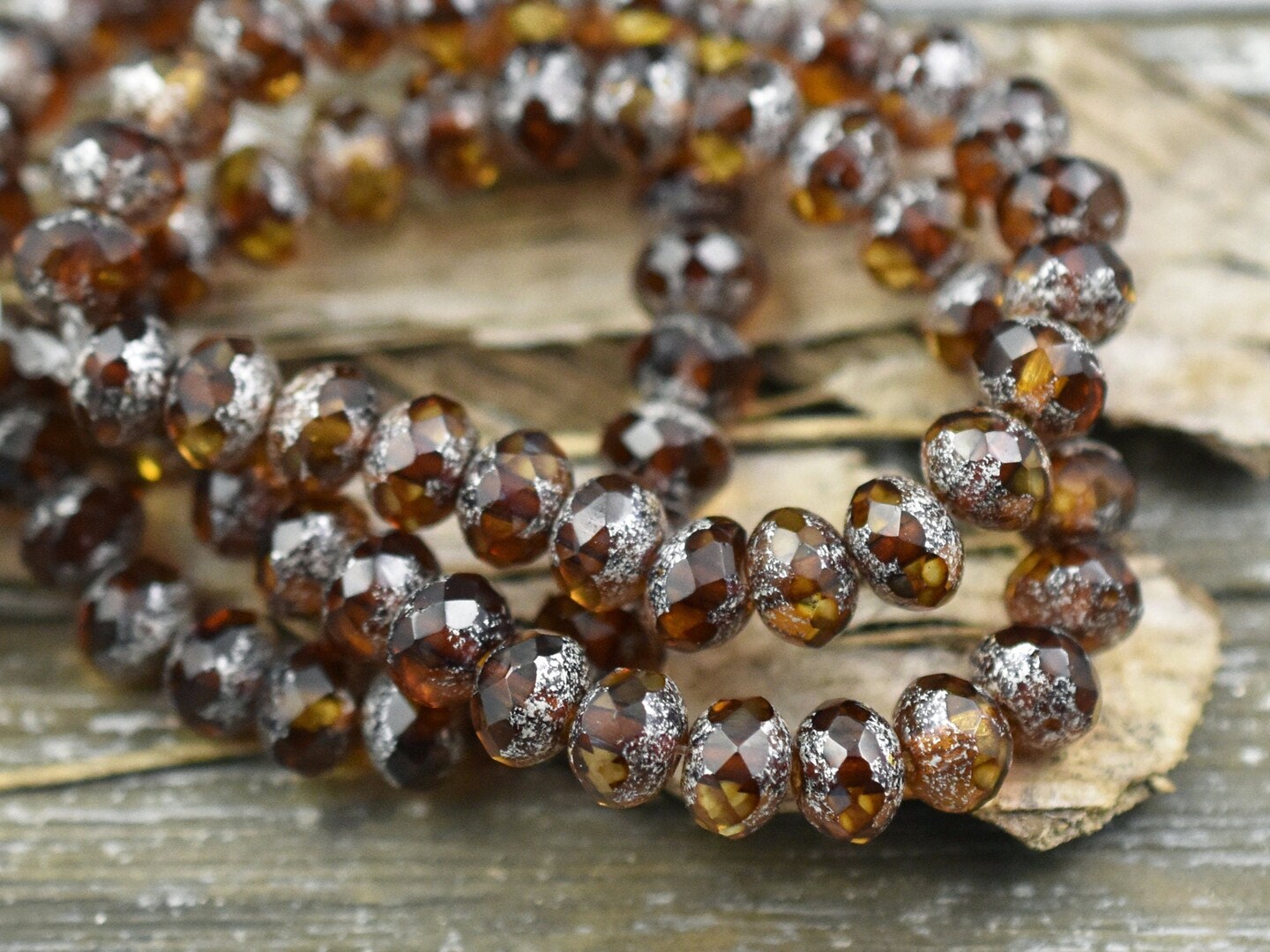 *25* 5x7mm Silver Mercury Washed Root Beer Topaz  Fire Polished Rondelle Beads