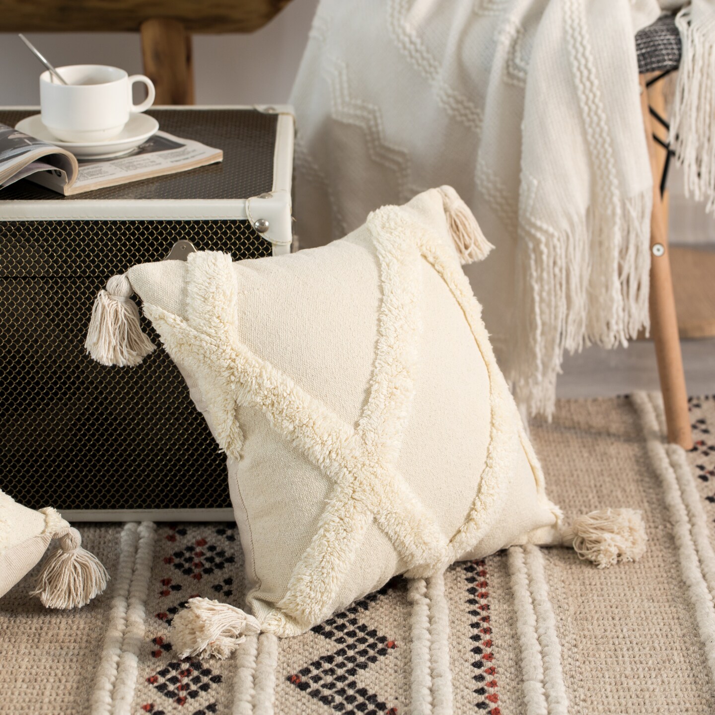 16&#x22; Handwoven Cotton Throw Pillow Cover with White on White Tufted Design and Tassel Corners