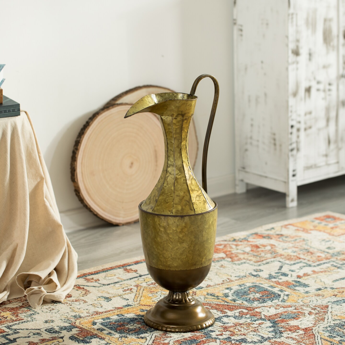 Decorative Antique Style 1 Handle Metal Jug Floor Vase for Entryway, Living Room or Dining Room
