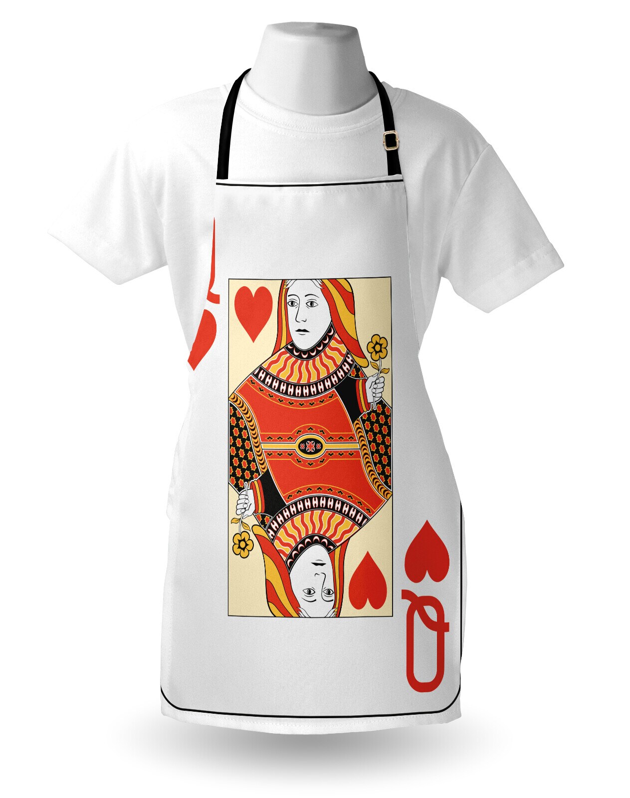Ambesonne Queen Apron, Queen of Hearts Playing Card Casino Design Gambling Game Poker Blackjack, Unisex Kitchen Bib with Adjustable Neck for Cooking Gardening, Adult Size, Vermilion Yellow White