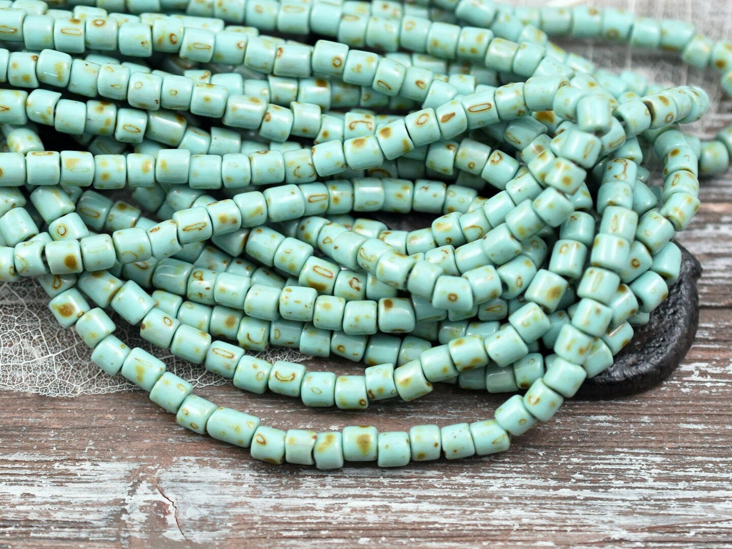 6/0 Aged Green Turquoise Picasso Bugle Beads