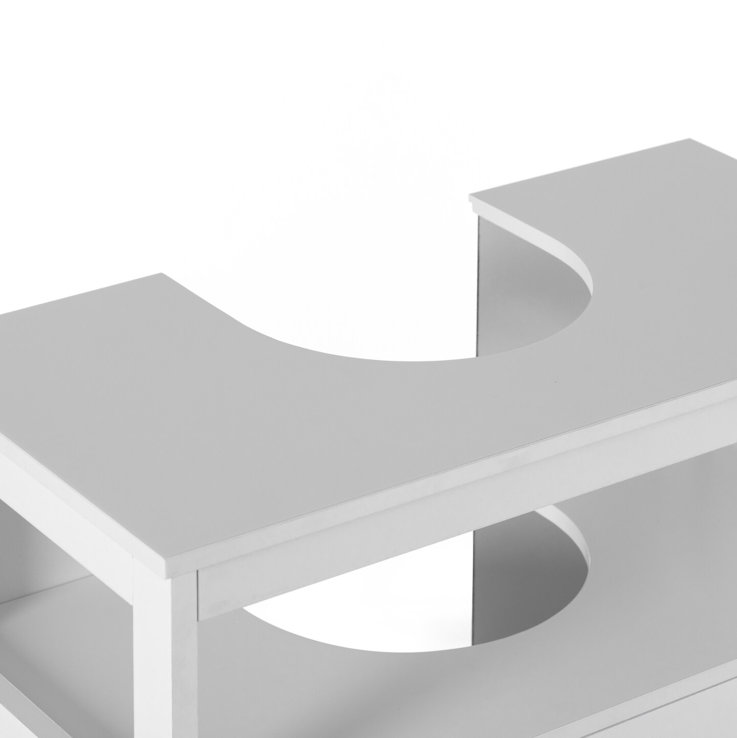 White Vanity Sink Base 2 Door Cabinet Storage U Shape Organizer, Rolling Doors, and Open Shelf