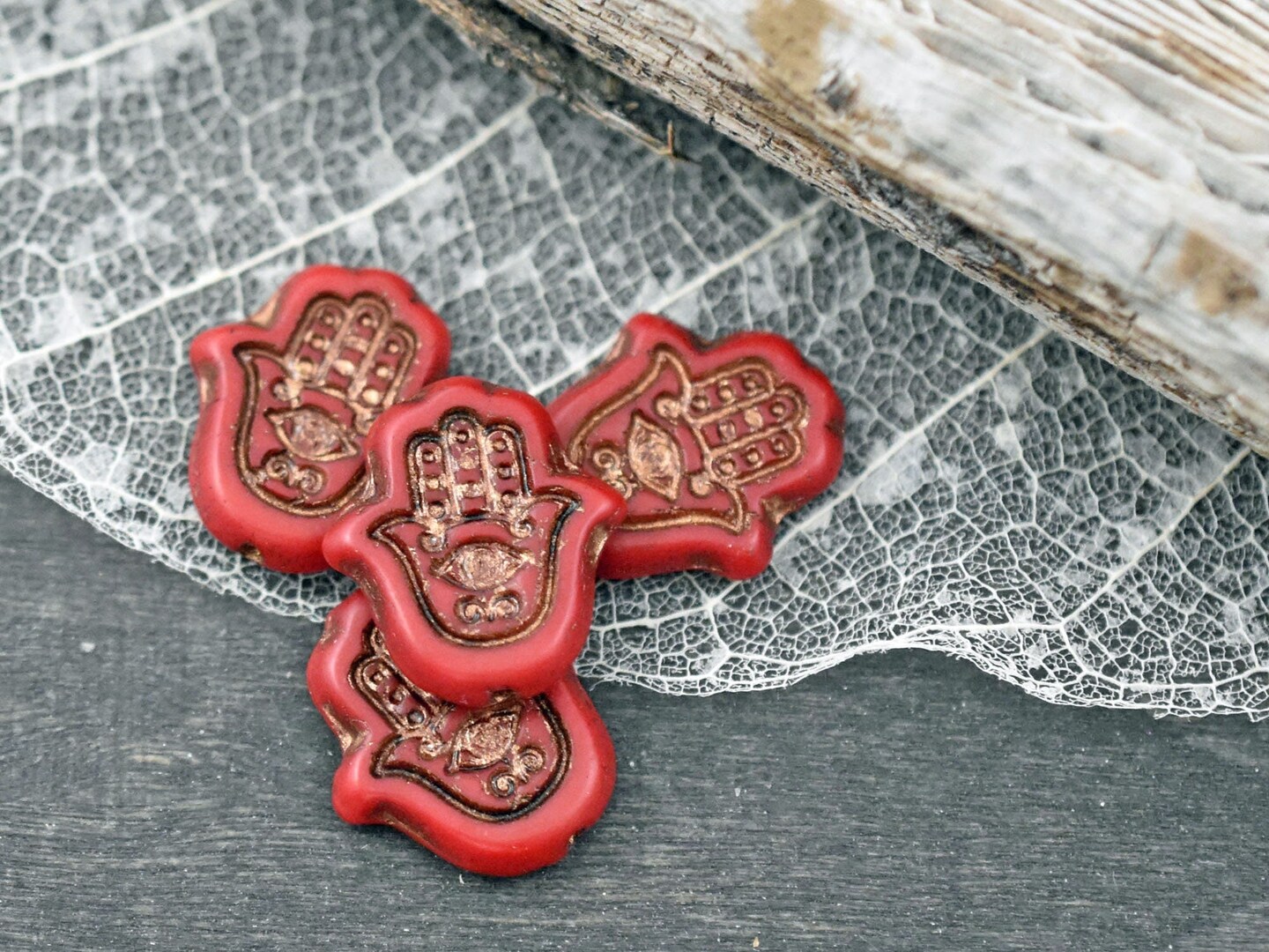 *4* 15x14mm Bronze Patina Washed Matte Red Hamsa Hand Beads