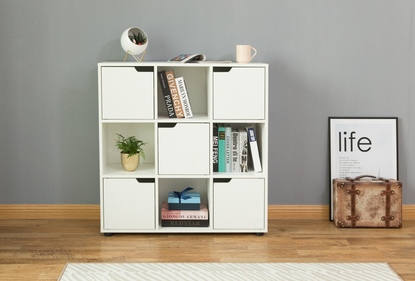 9 Cube Wooden Organizer With 5 Enclosed Doors and 4 Shelves