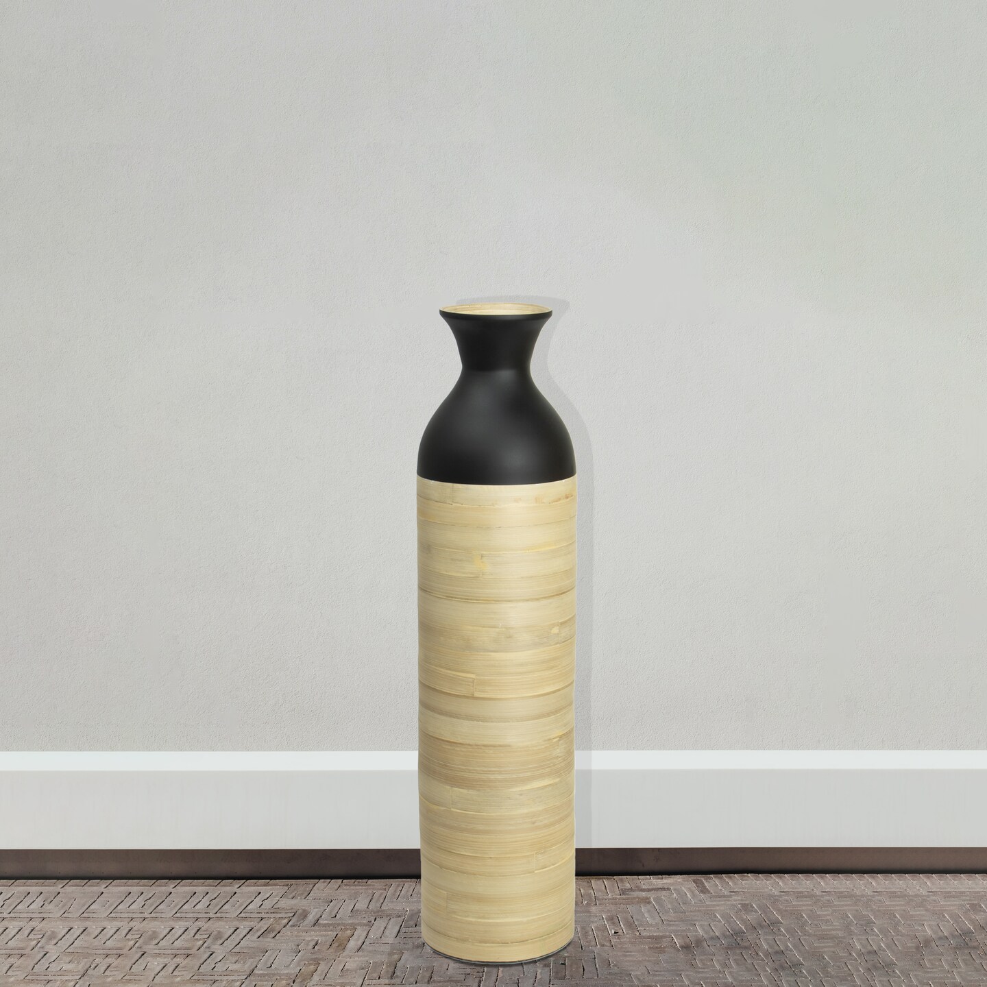 Elegant Black or White Cylinder Shaped Tall Spun Bamboo Floor Vases, Embellished with a Glossy Lacquer, and Enhanced with Natural Bamboo Finish - Stylish Home Decor, Heights of 31 and 23.5 Inches