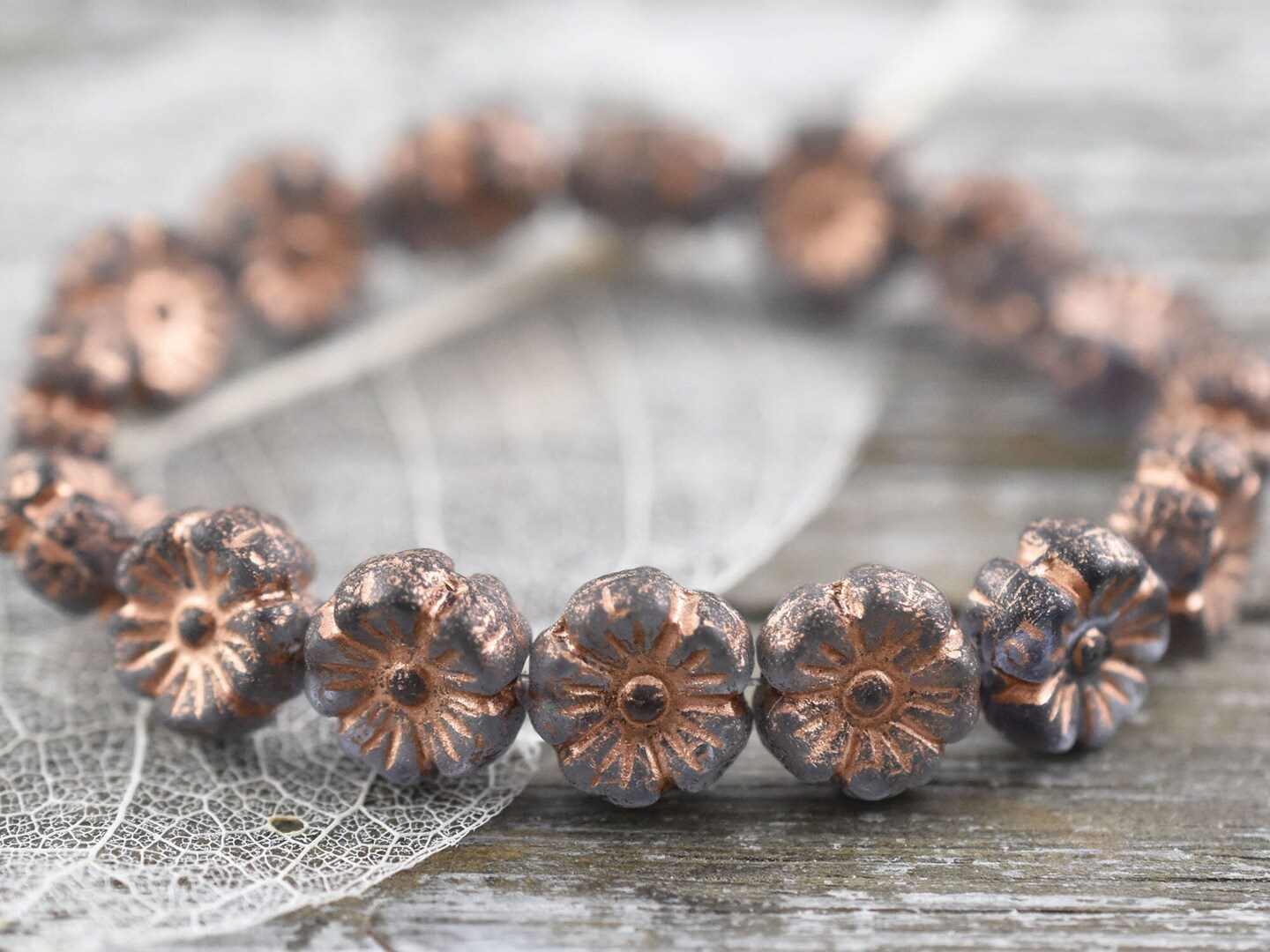 *16* 9mm Copper Washed Etched Translucent Grey Hawaiian Flower Beads