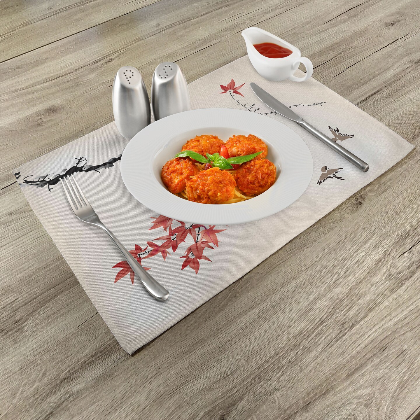 Ambesonne Japanese Place Mats Set of 4, Cherry Blossom Sakura Tree Branches Romantic Spring Themed Watercolor Picture, Washable Fabric Placemats for Dining Table, Standard Size, Black and Coral