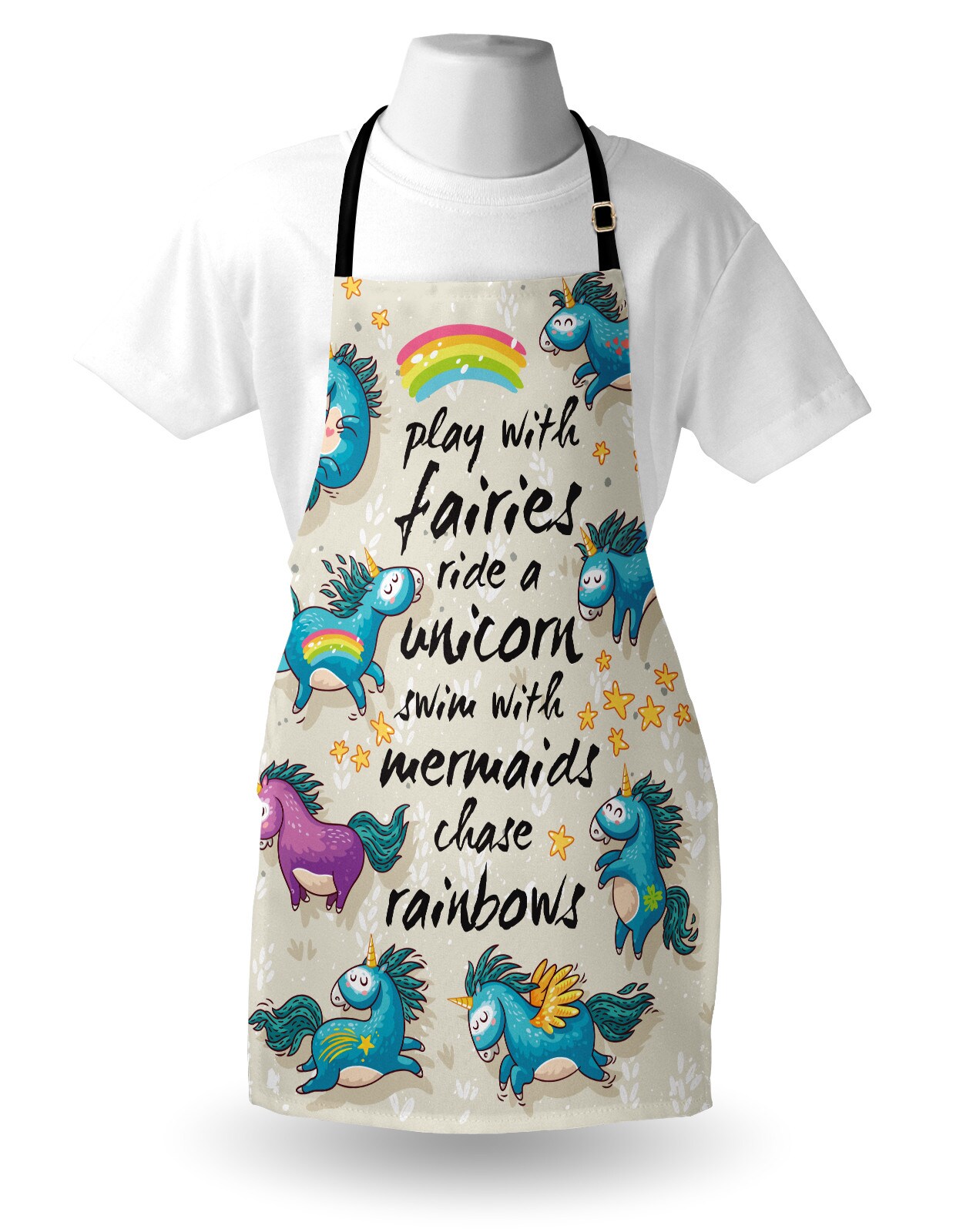 Ambesonne Cartoon Apron, Mythical Unicorns Stars and Rainbow Creature Theme Print, Unisex Kitchen Bib with Adjustable Neck for Cooking Gardening, Adult Size, Beige Teal Blue