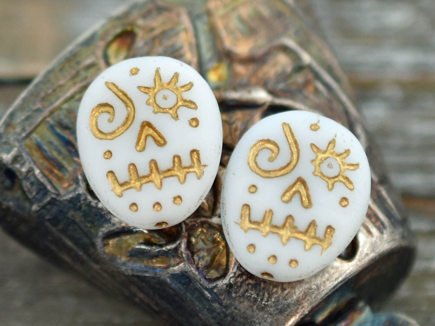 *4* 15x13mm Gold Washed Matte White Voodoo Face Beads | Michaels