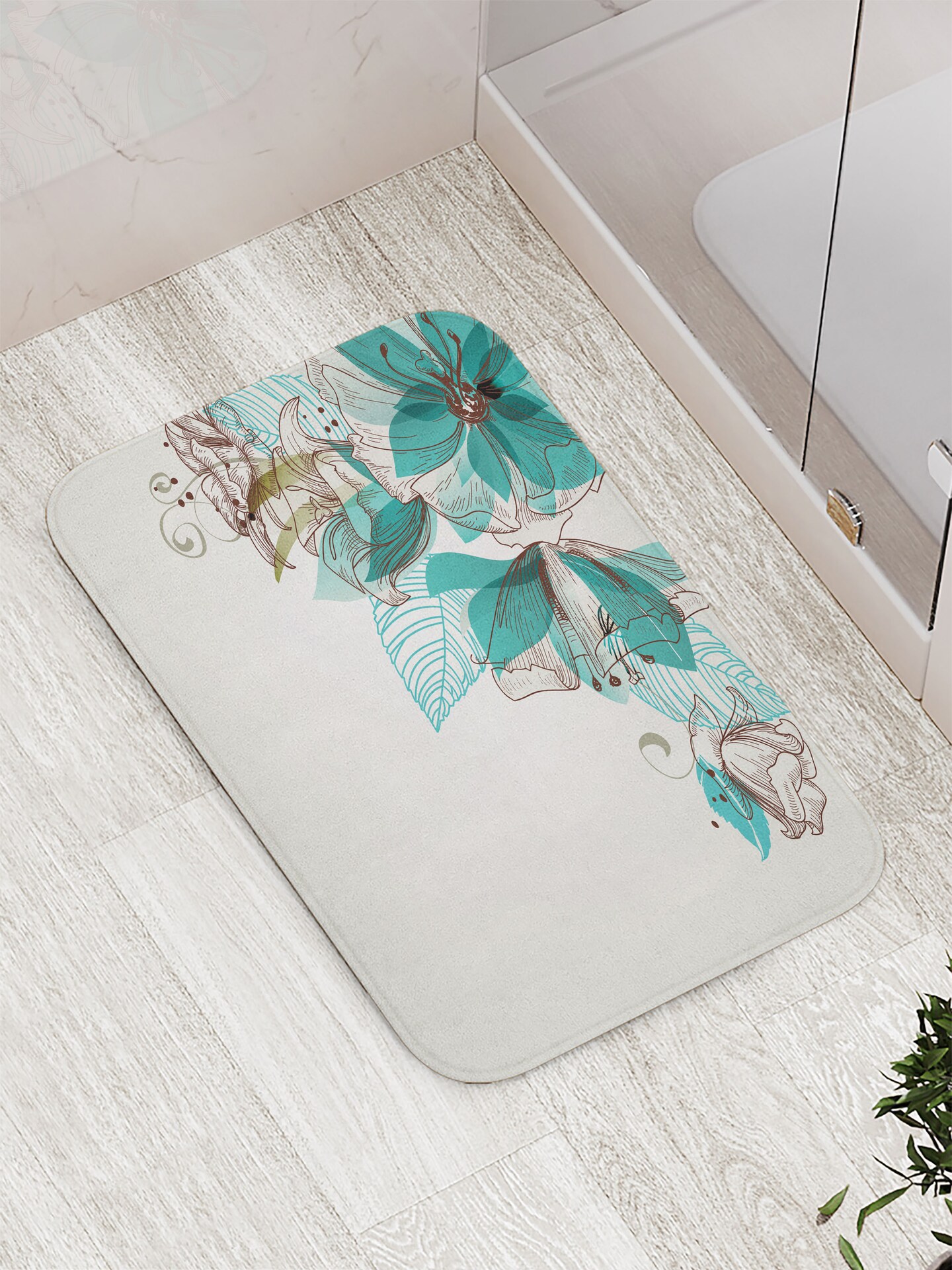 Ambesonne Turquoise Bath Mat, Flowers Buds Leaf at The top Left Corner Season Celebrating Theme, Plush Bathroom Decor Mat with Non Slip Backing, 29.5&#x22; X 17.5&#x22;, Teal Green